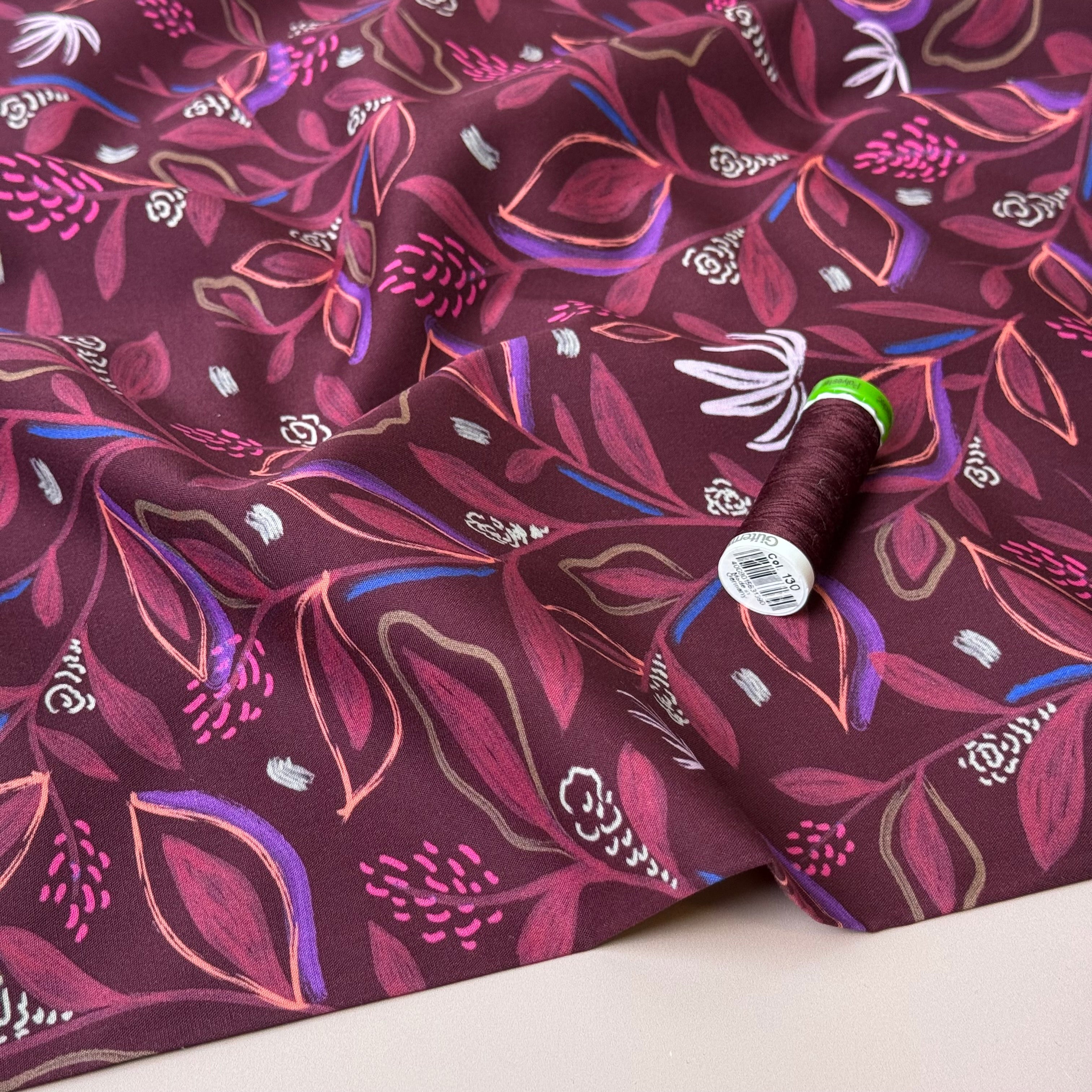 Flowering Branches in Pomegranate Fine Cotton Poplin Fabric