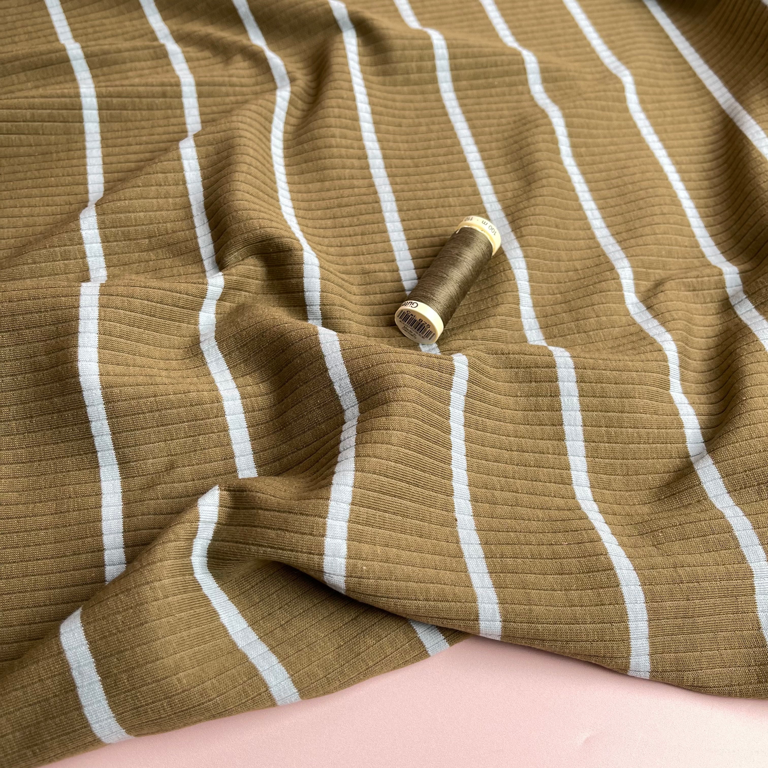 Yarn Dyed Striped Cotton Ribbed Jersey in Khaki & Mint