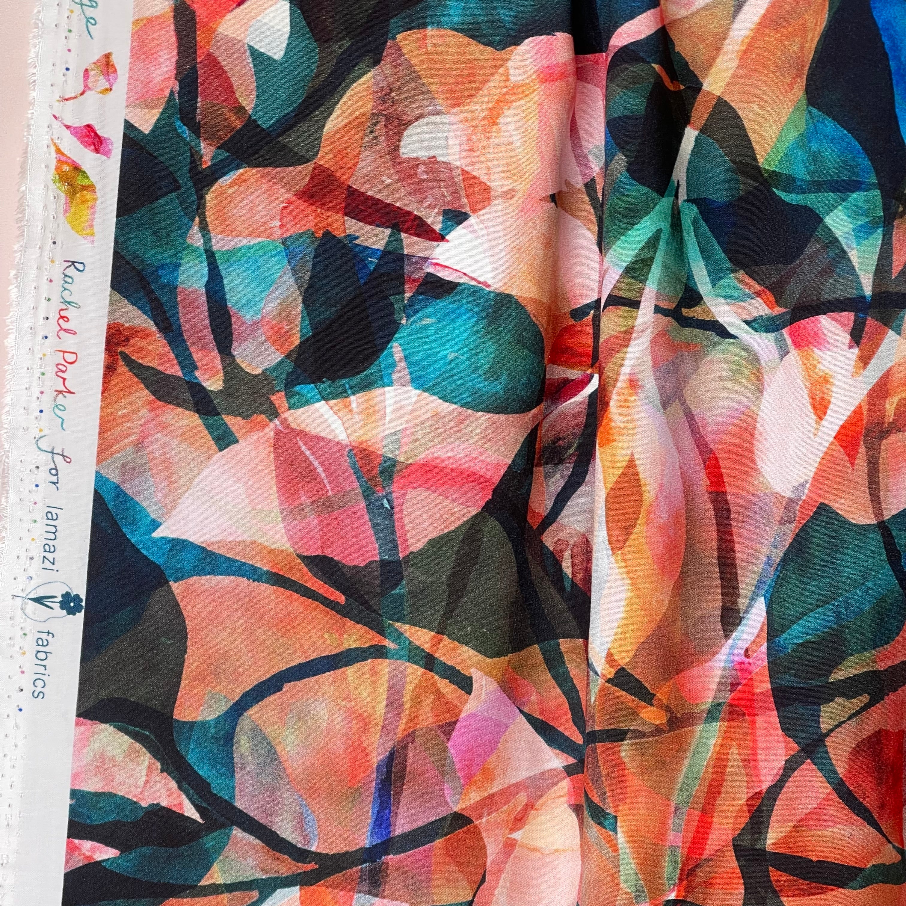 REMNANT 1 Metre - Summer Party - Painted Foliage Sunset Viscose Fabric