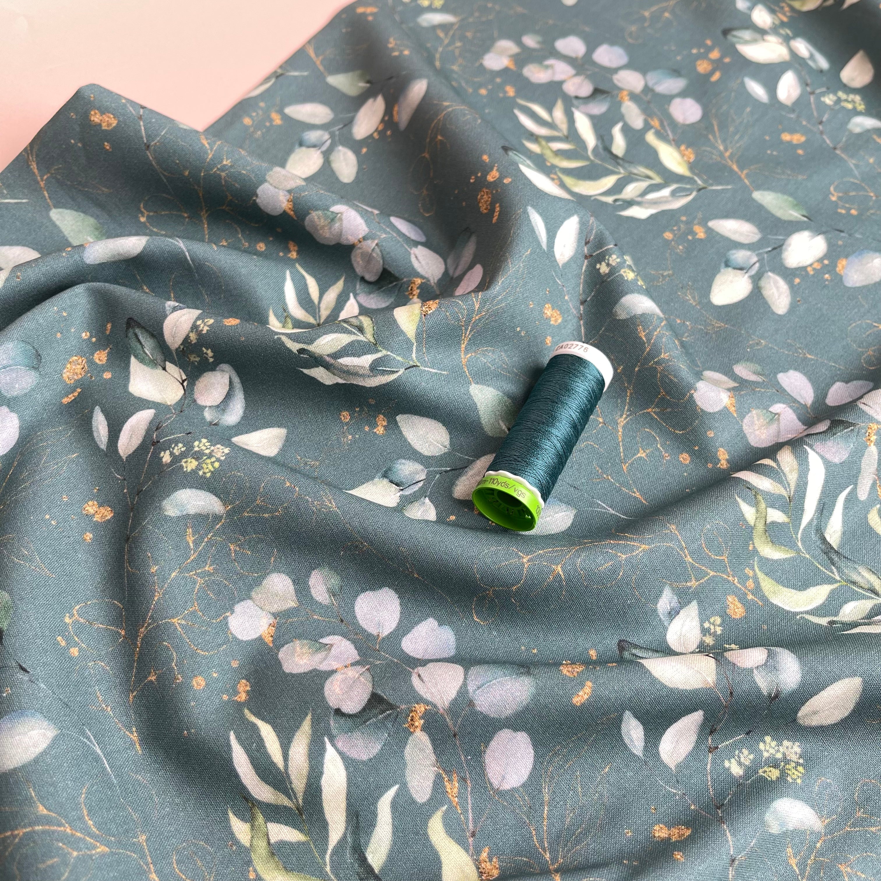 Eucalyptus Leaves on Sage Green Cotton Poplin Fabric