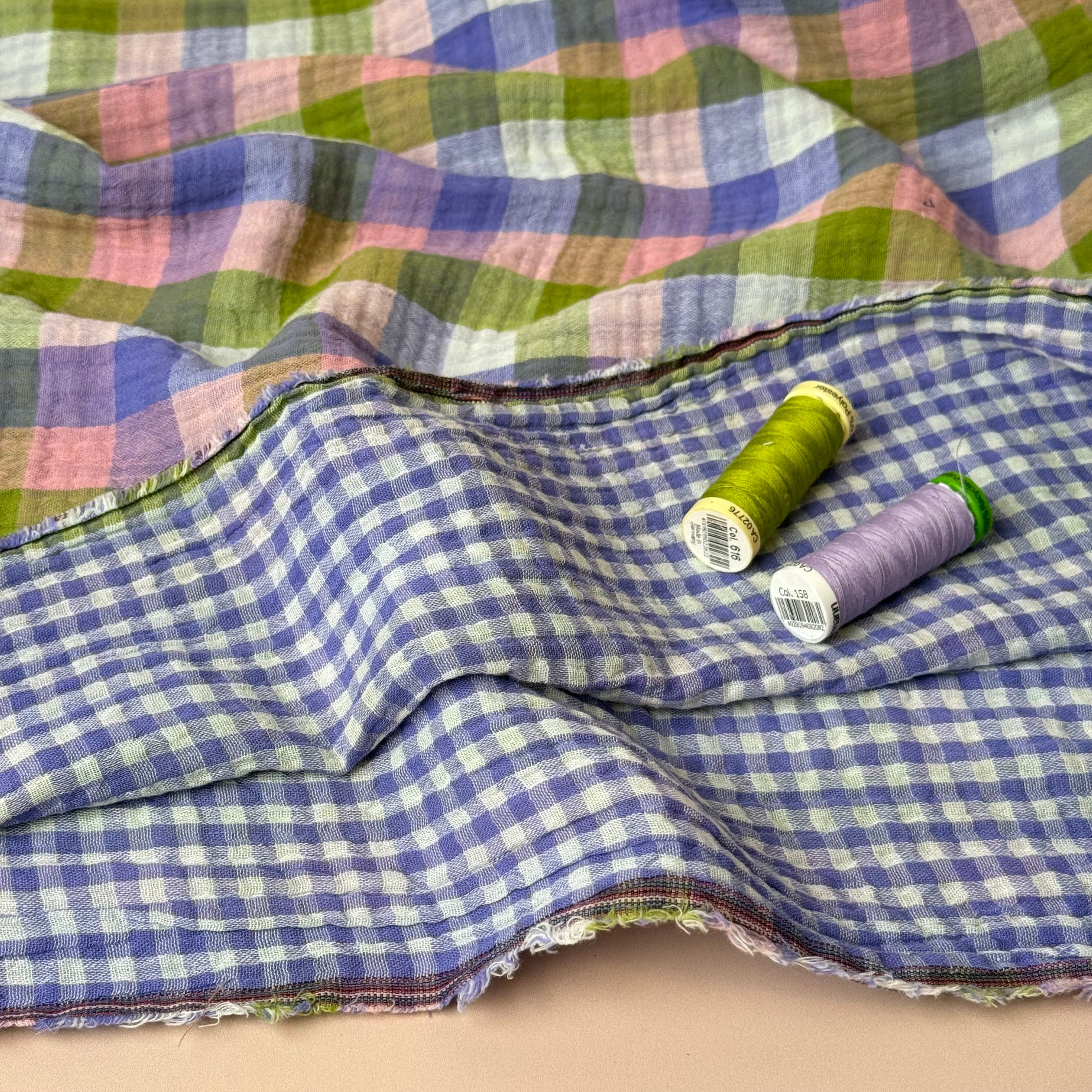 Reversible Lilac & Green Checked Cotton Double Gauze