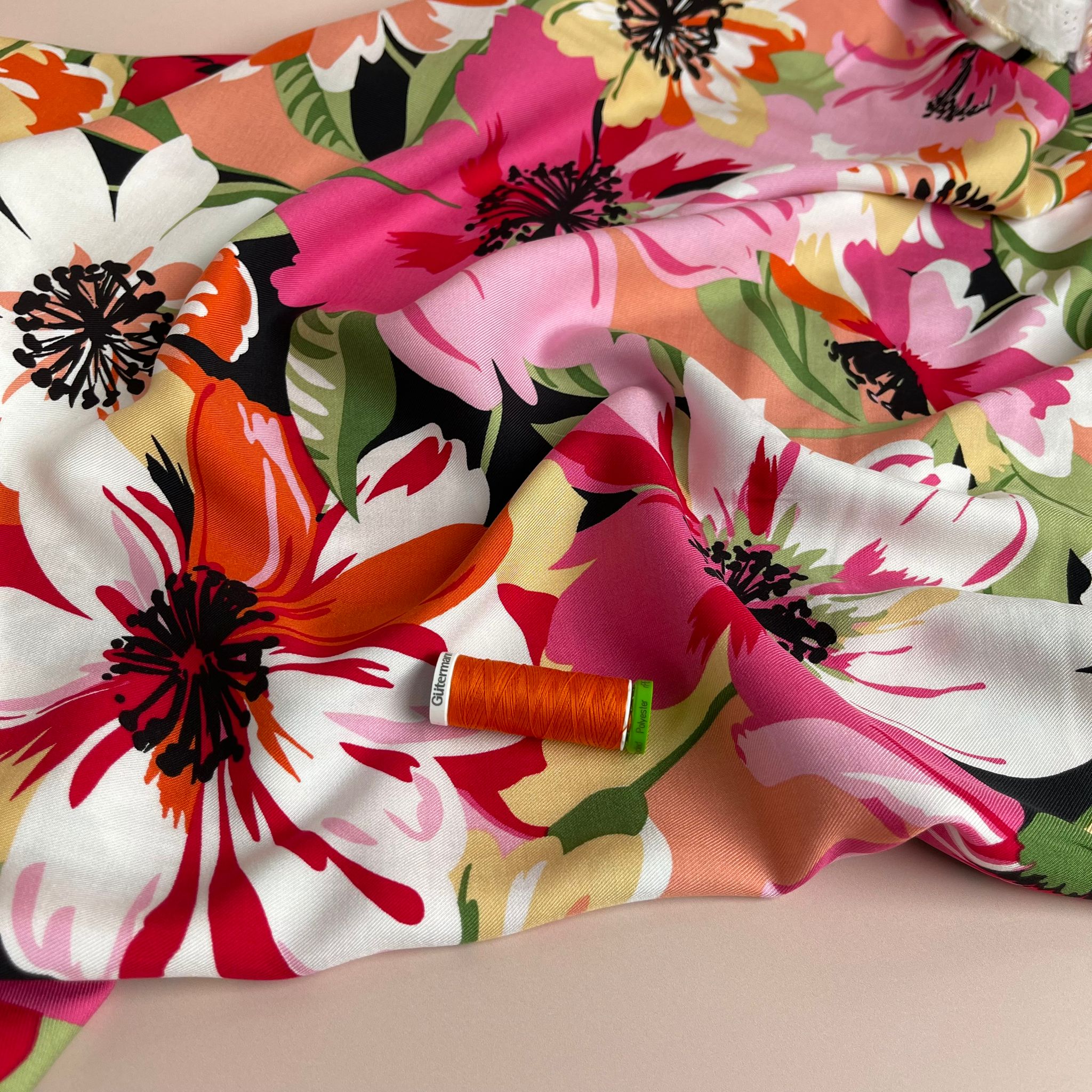 REMNANT 1.43 Metres - Joyful Blooms Pink Viscose Twill Fabric (Copy)
