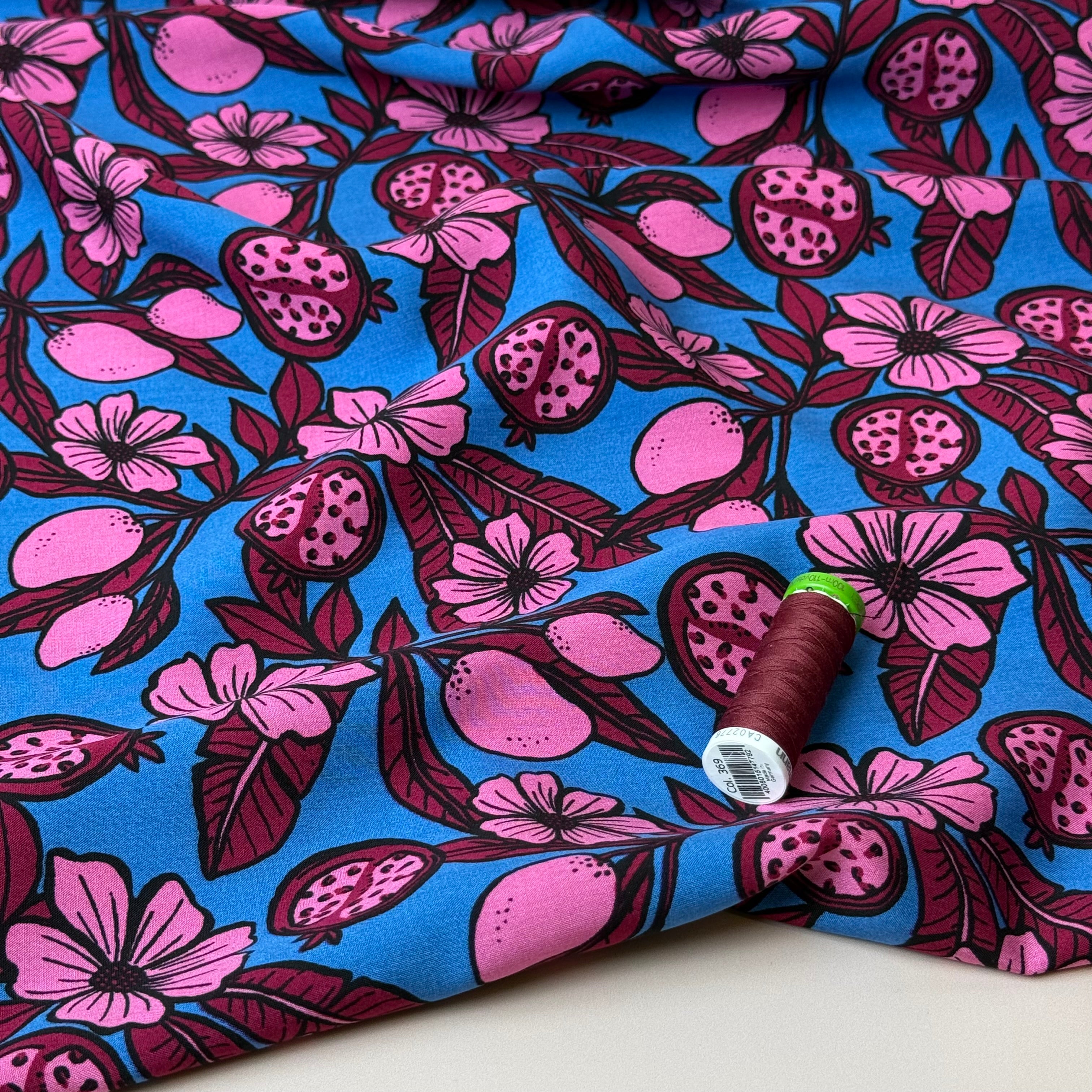 Pomegranates on Azure Blue Viscose Fabric