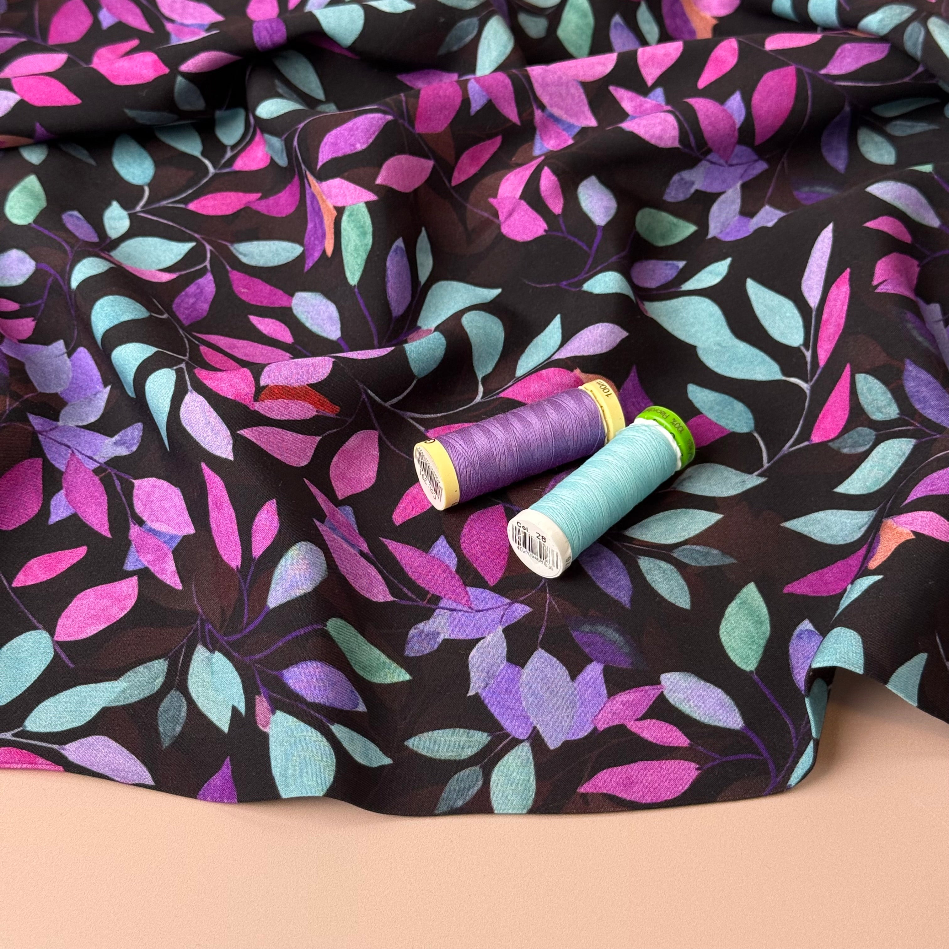 Petals on Black Viscose Fabric