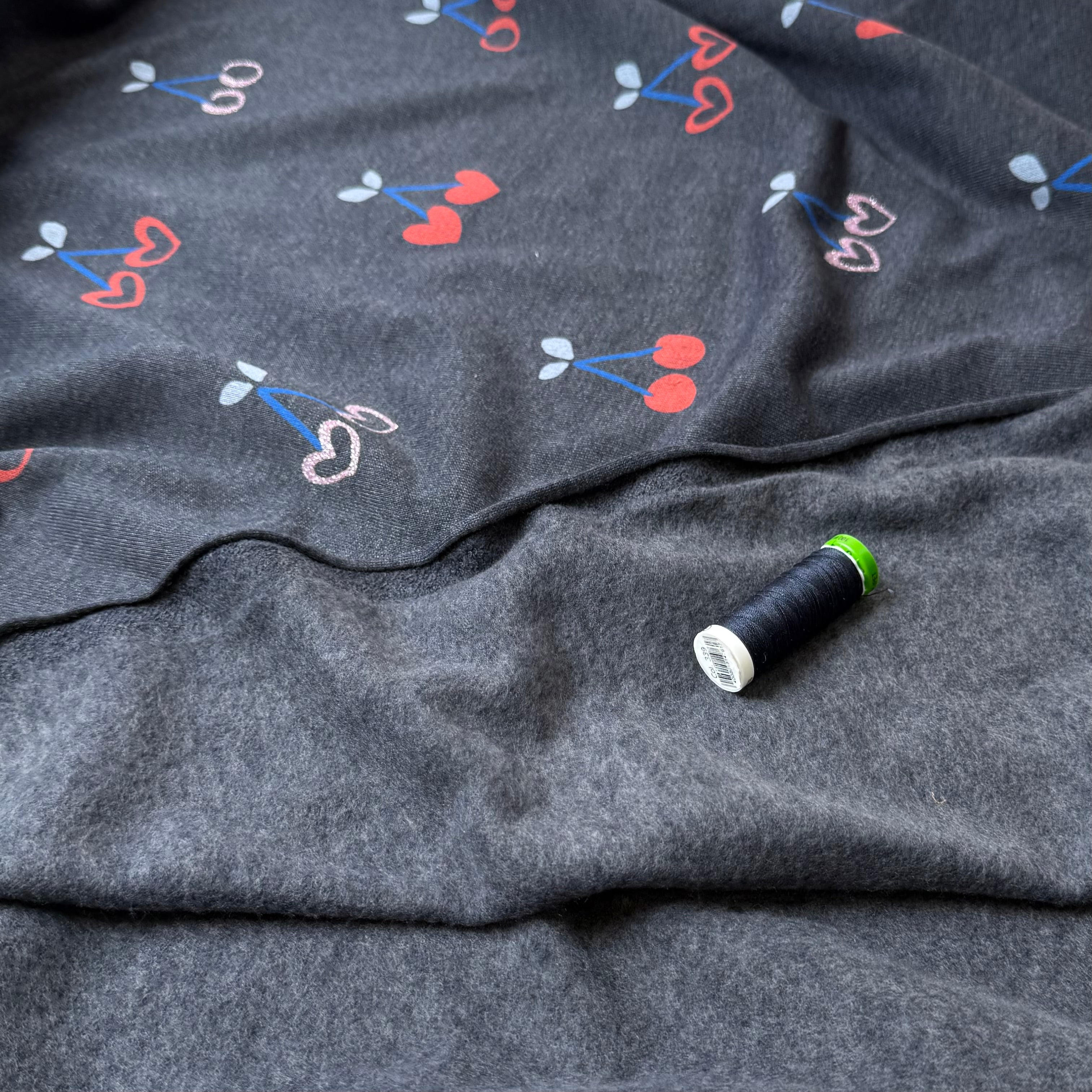 Glitter Cherries on Melange Dark Navy Cotton Sweat-shirting Fabric