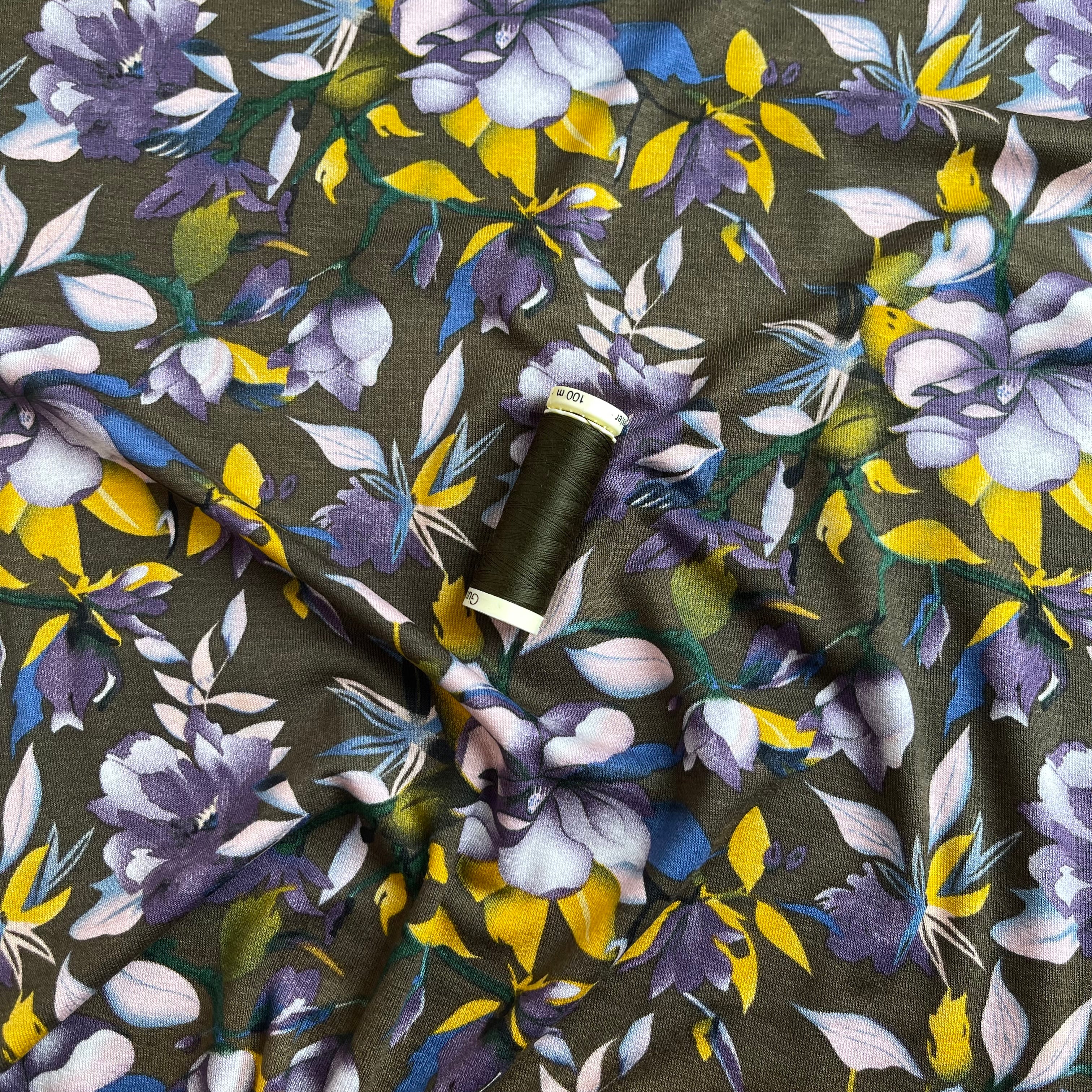 Purple Bouquet on Olive Viscose Jersey Fabric