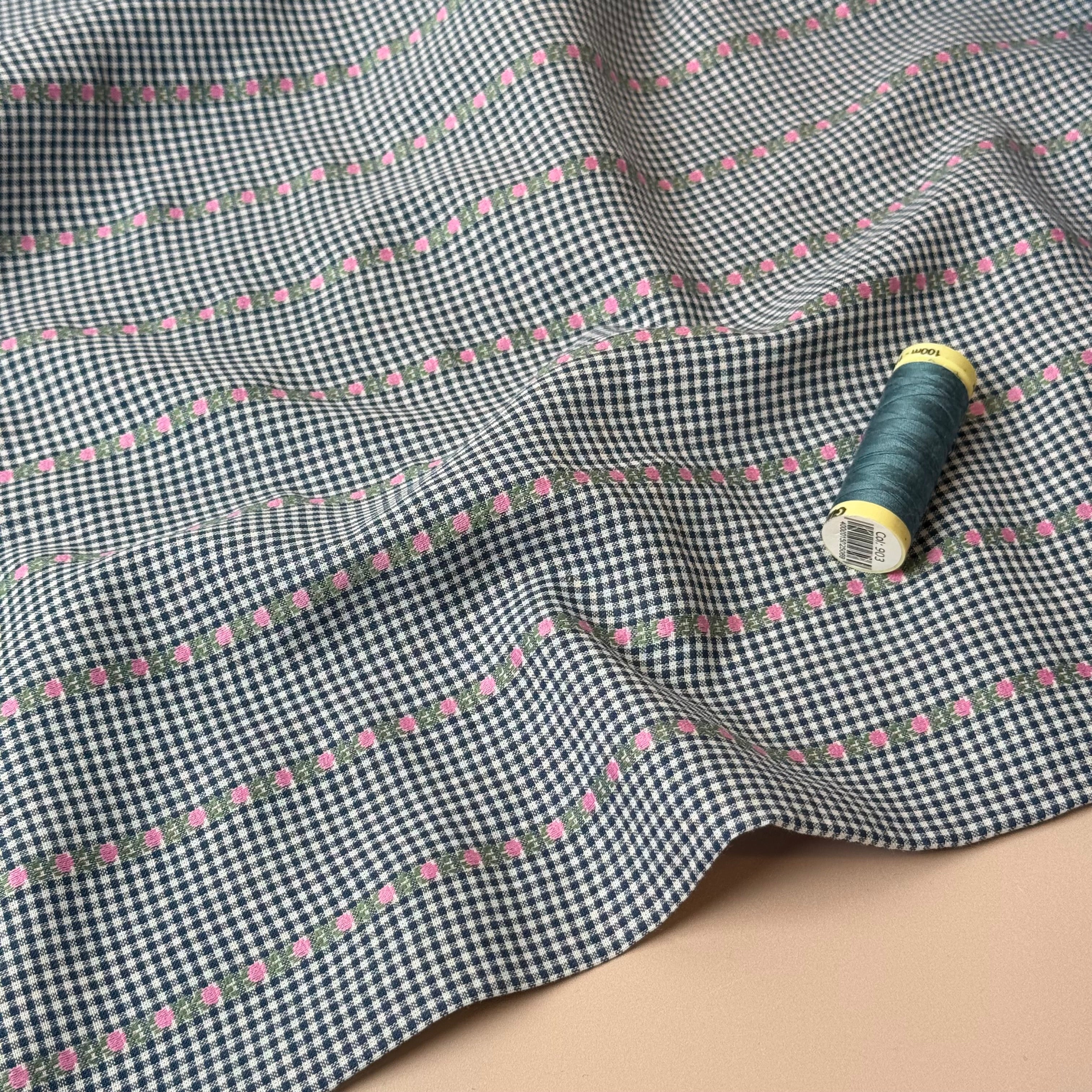 Tulips on Navy Gingham Yarn Dyed Cotton Jacquard
