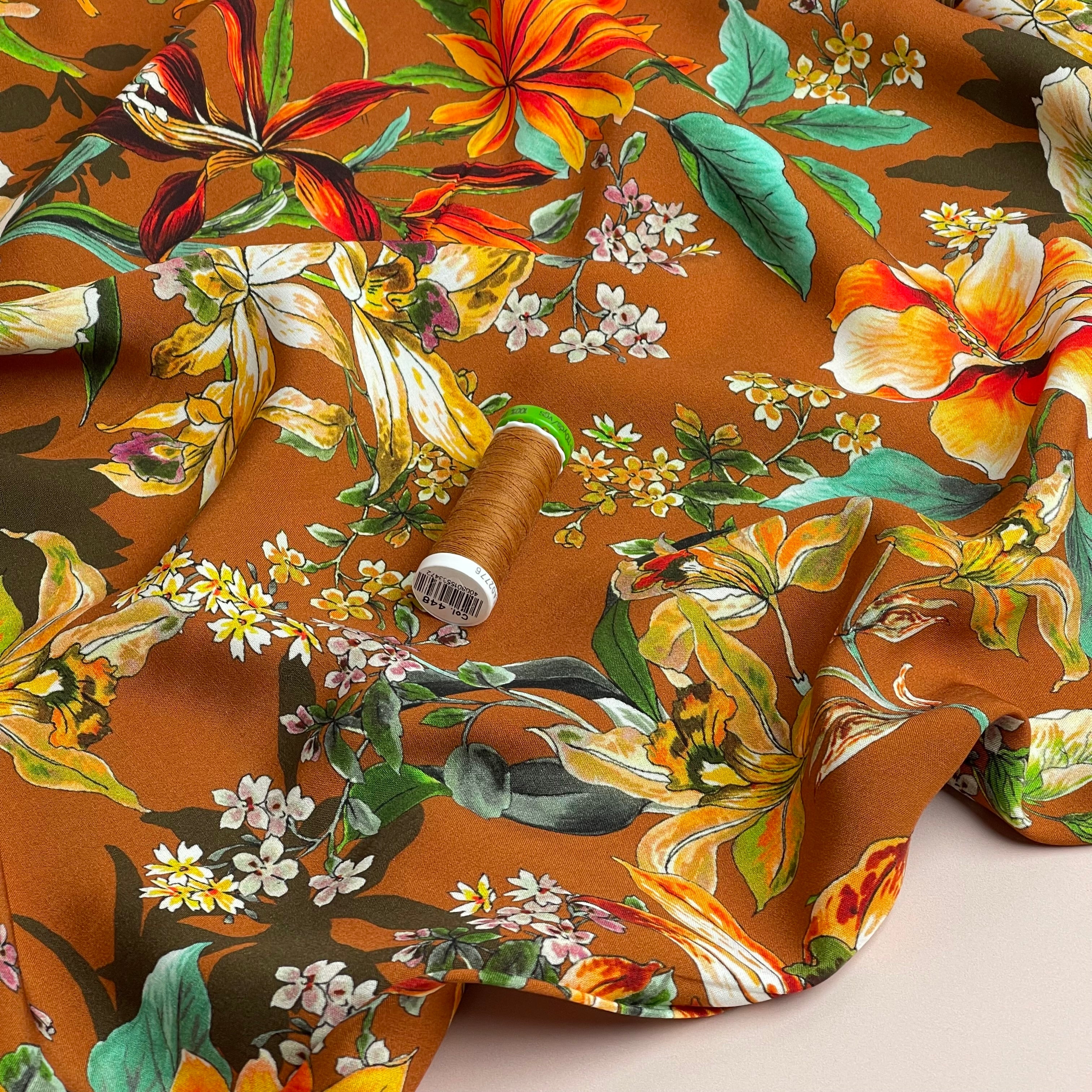 Watercolour Tropics on Appricot Viscose Poplin Fabric