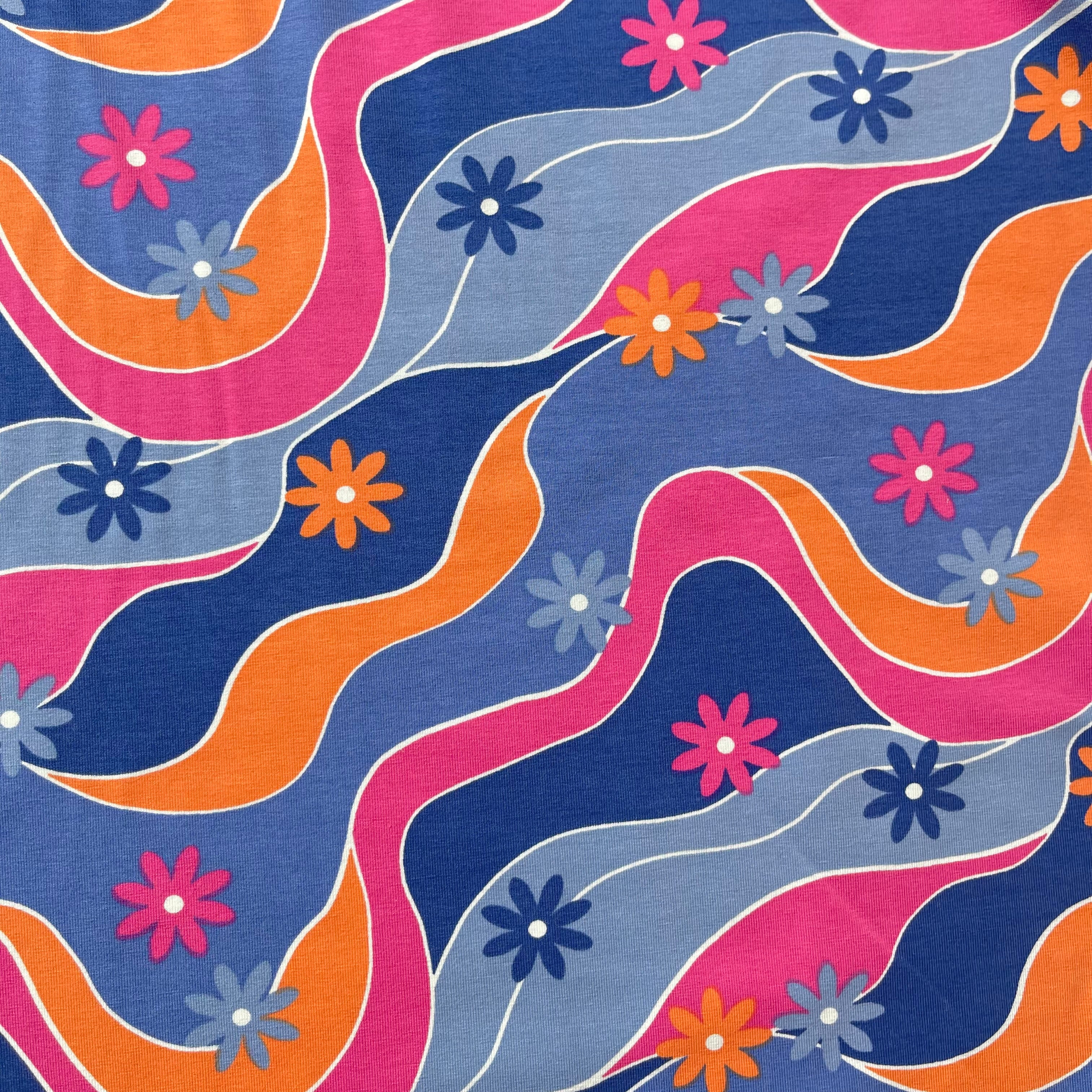 Retro Daisies on Blue Cotton Jersey Fabric