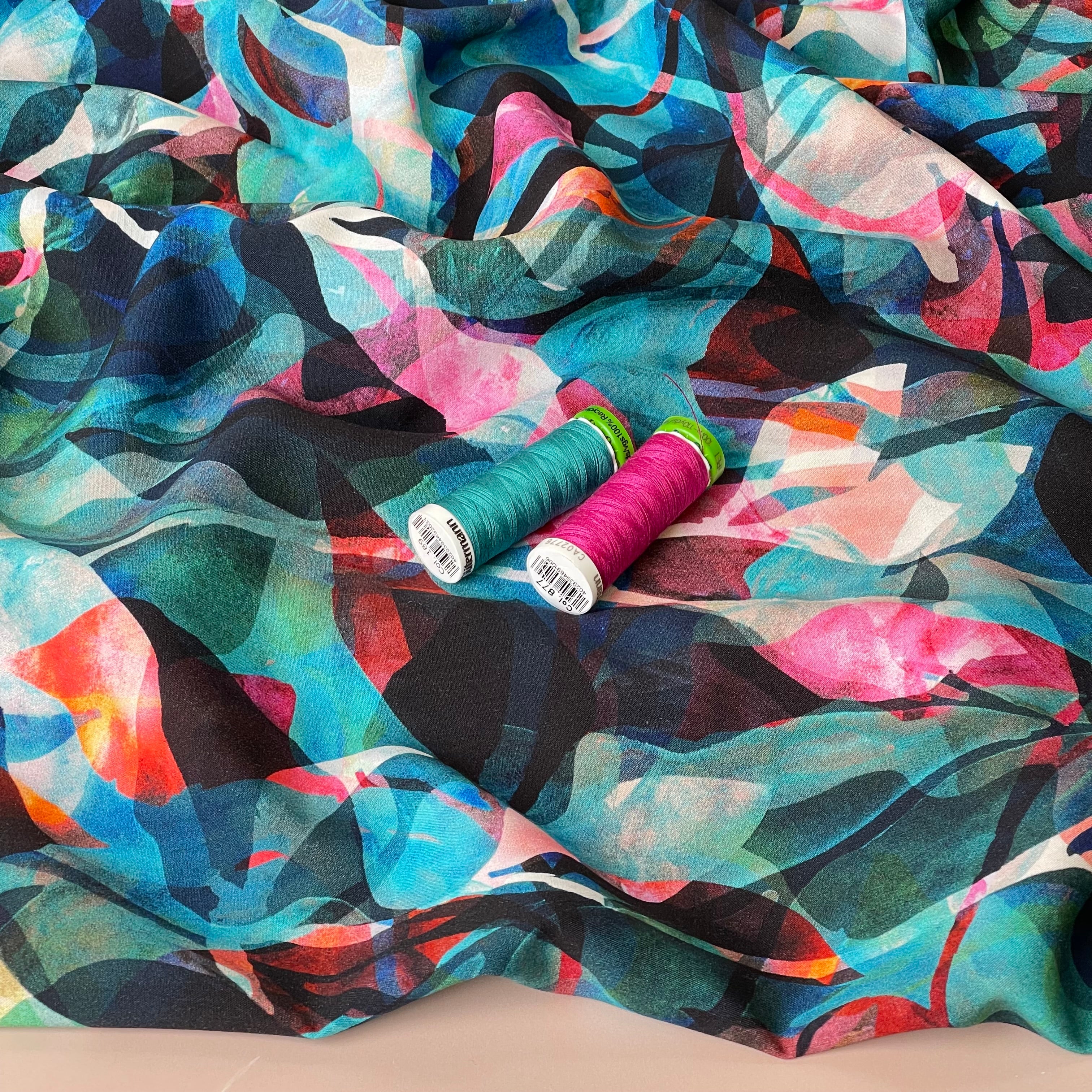 Summer Party - Painted Foliage Teal Viscose Fabric