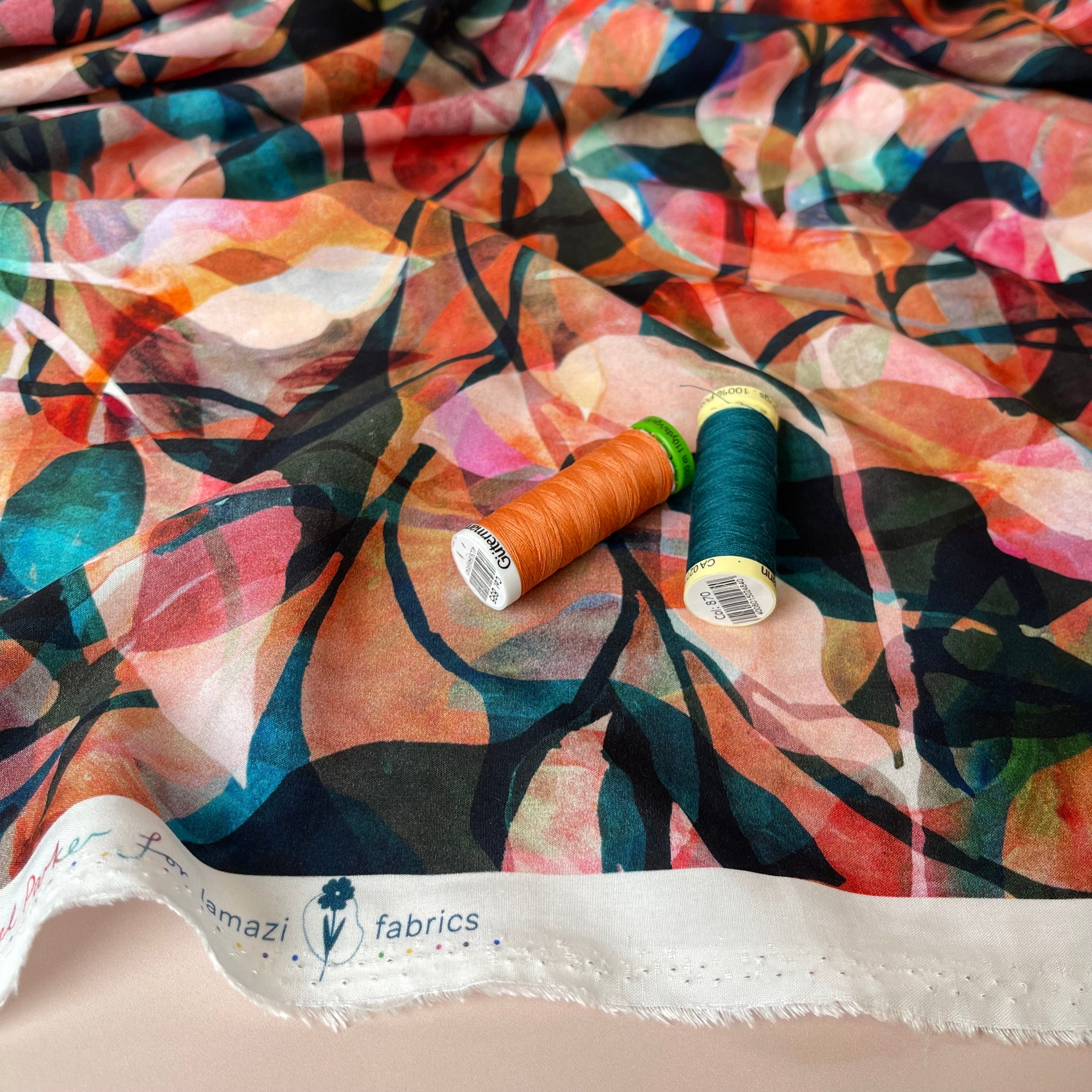 Make an Outfit Colour Bundle - Painted Foliage Sunset Viscose, Linen Crepe and Sweatshirting with Ribbing