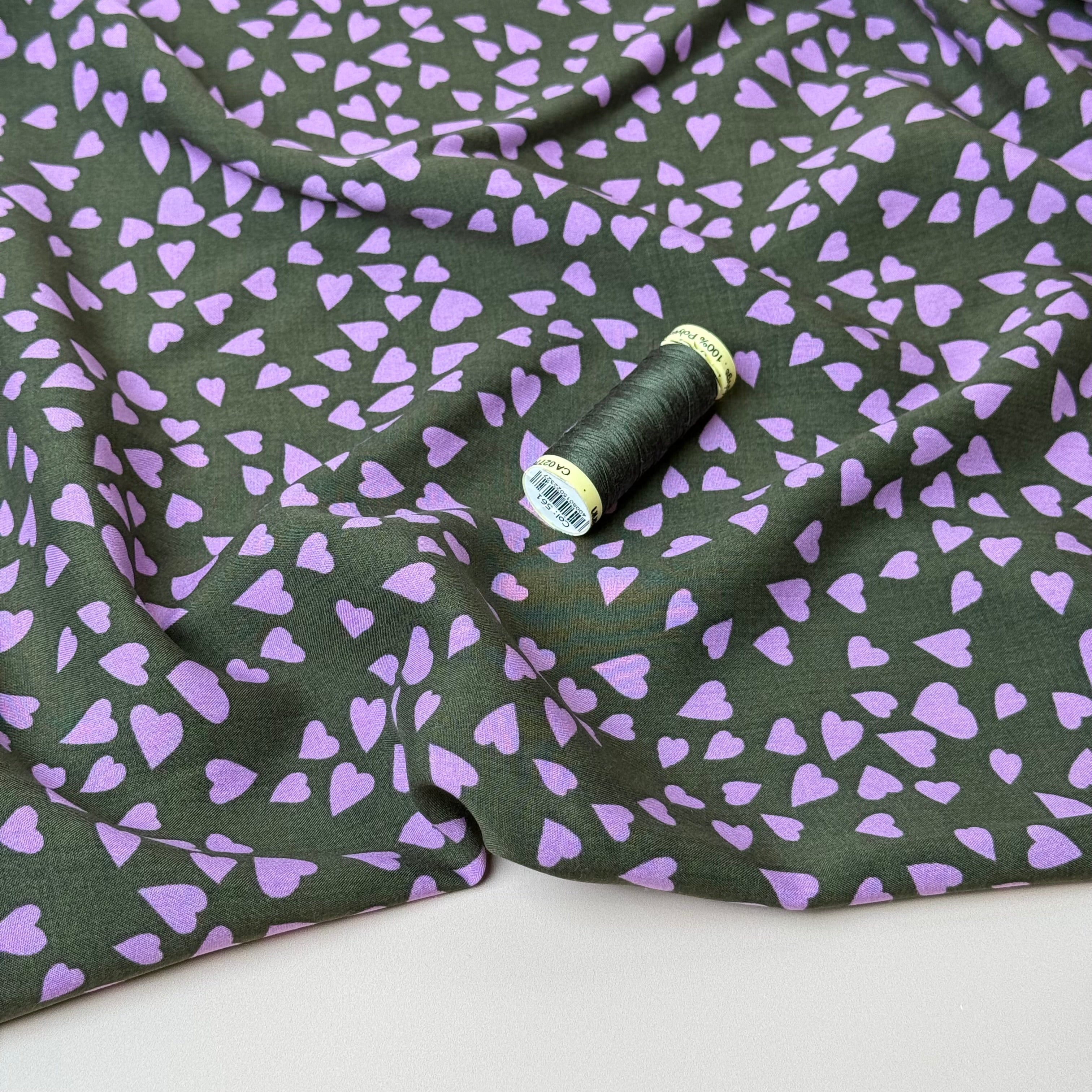 Shower of Hearts in Khaki Green LENZING™ ECOVERO™ Viscose Fabric