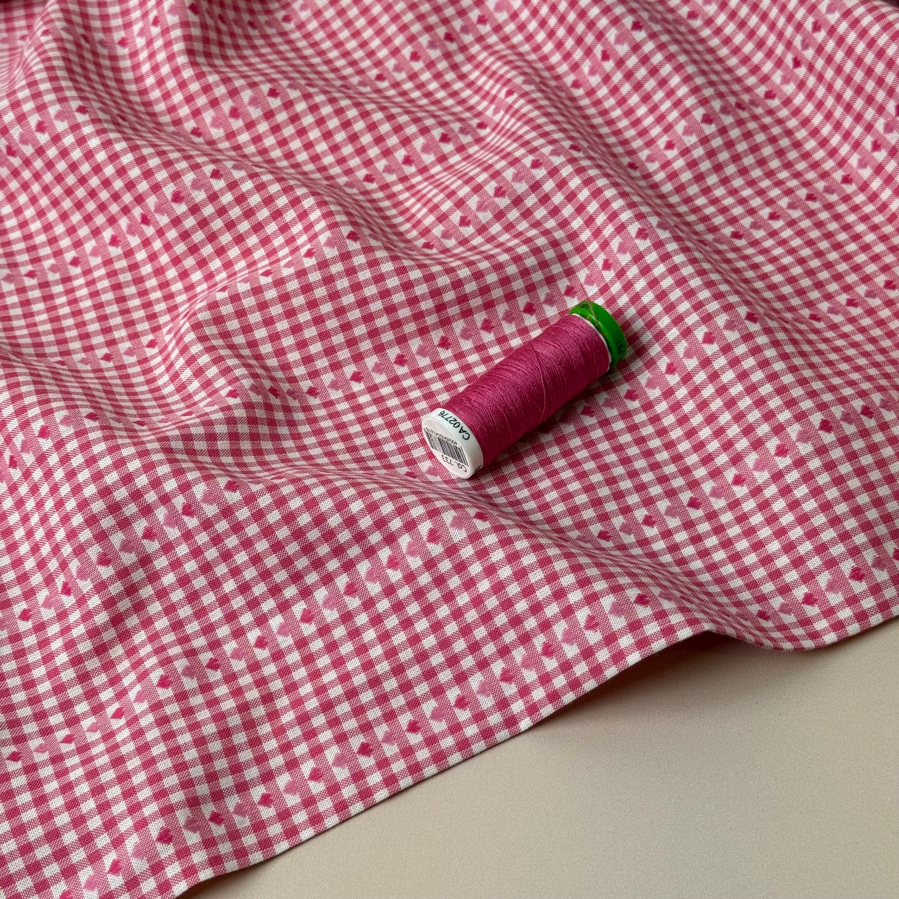 Hearts on Pink Gingham Yarn Dyed Cotton Jacquard