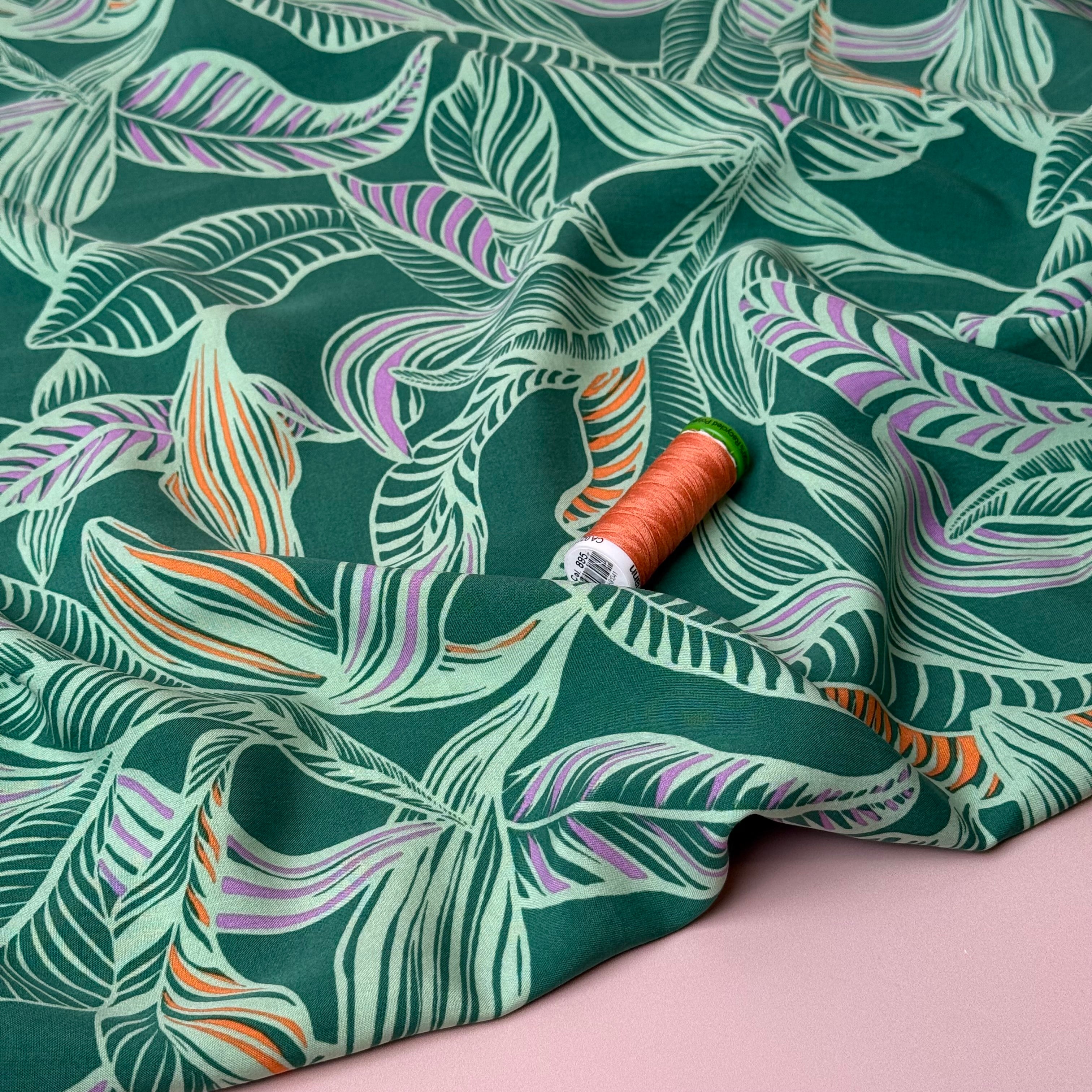 Leaves on Green LENZING™ ECOVERO™ Viscose Fabric