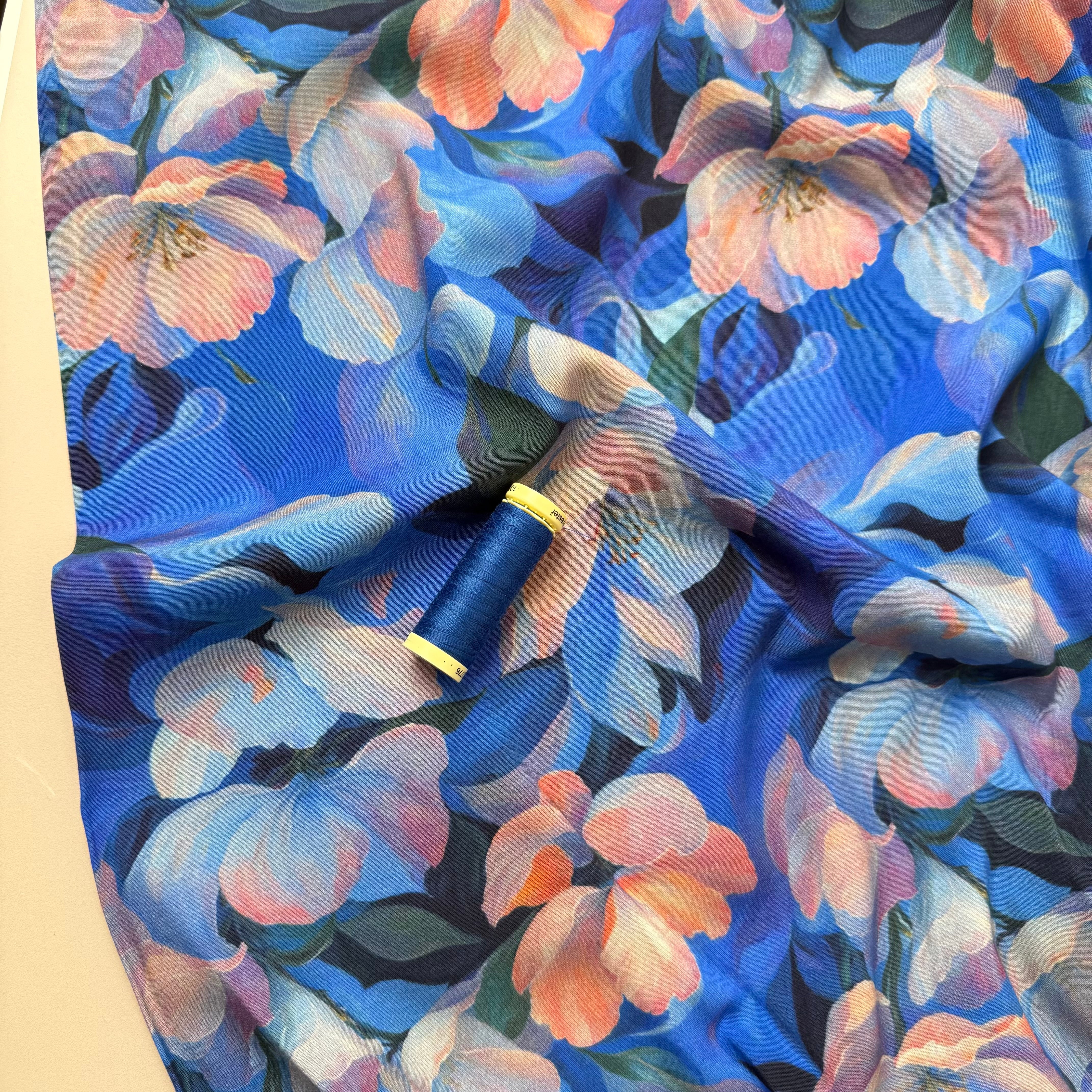 Watercolour Blue Flowers Viscose Twill with Stretch