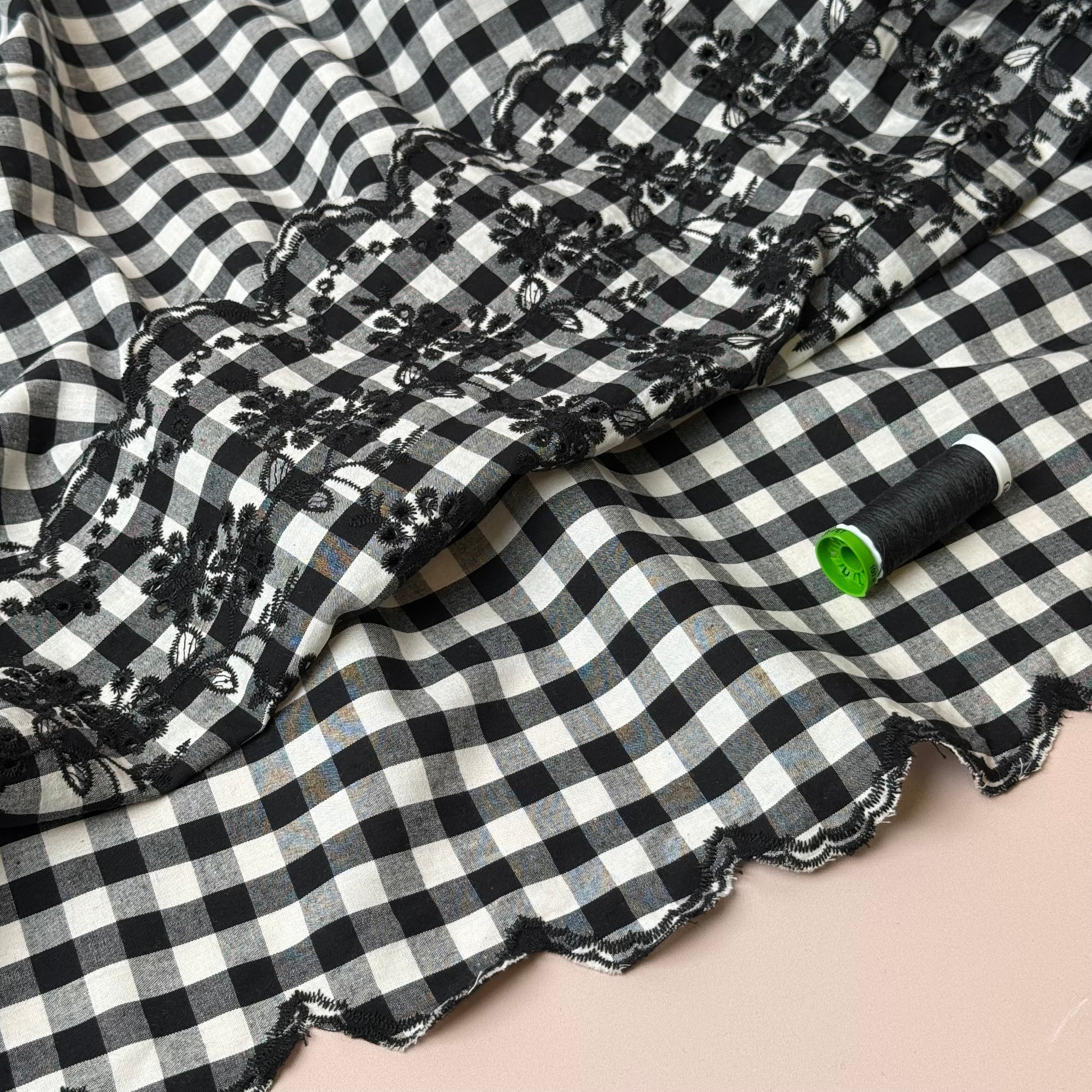 Scalloped Embroidered Gingham Cotton Fabric