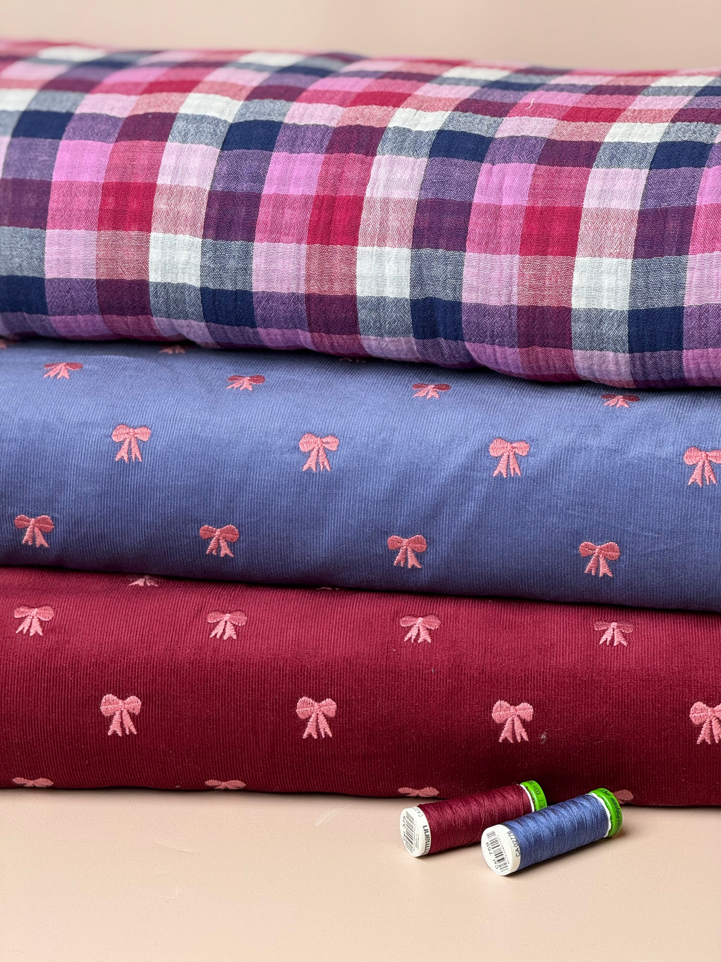 REMNANT 2.34 Metres - Embroidered Bows on Bordeaux Cotton Needlecord