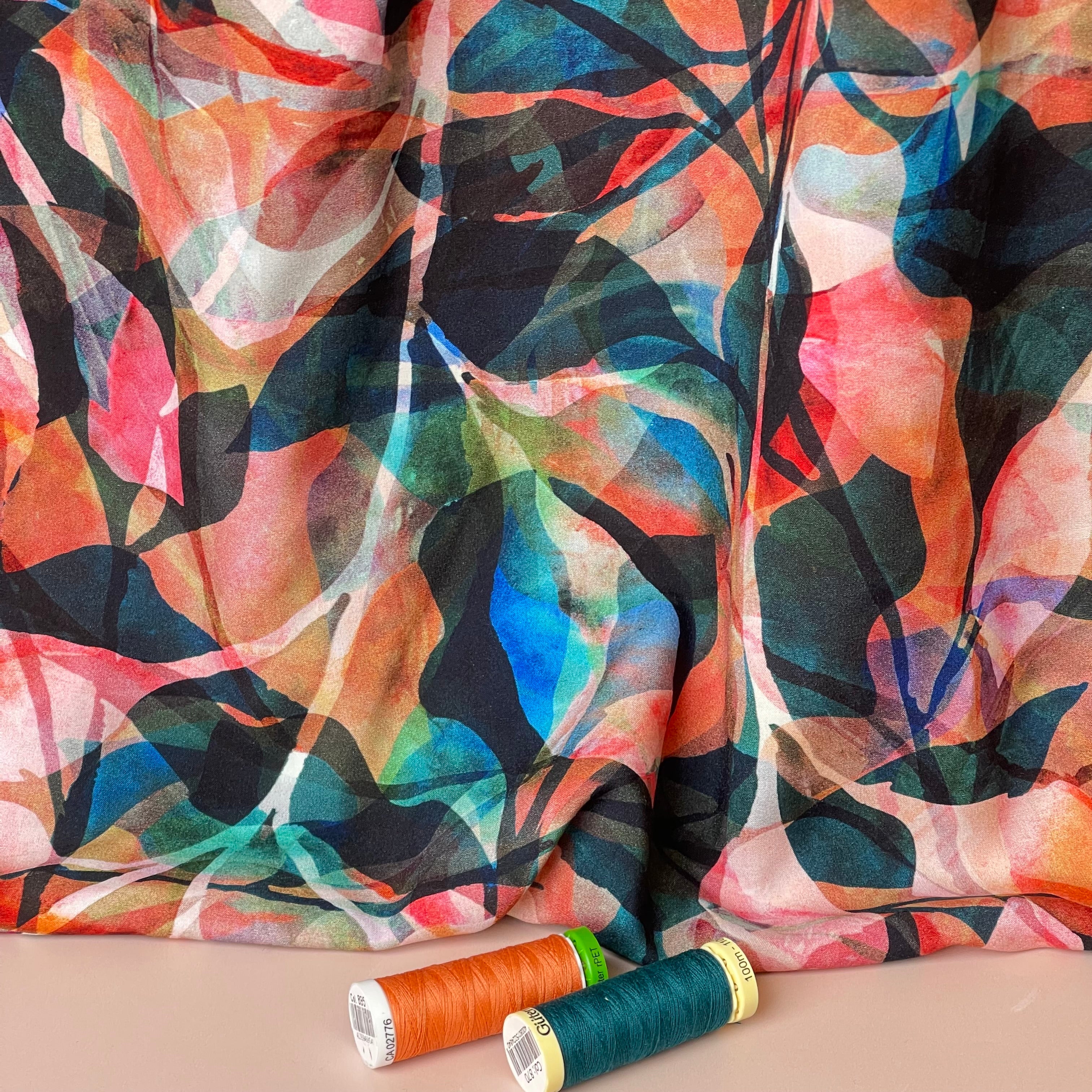 REMNANT 1 Metre - Summer Party - Painted Foliage Sunset Viscose Fabric