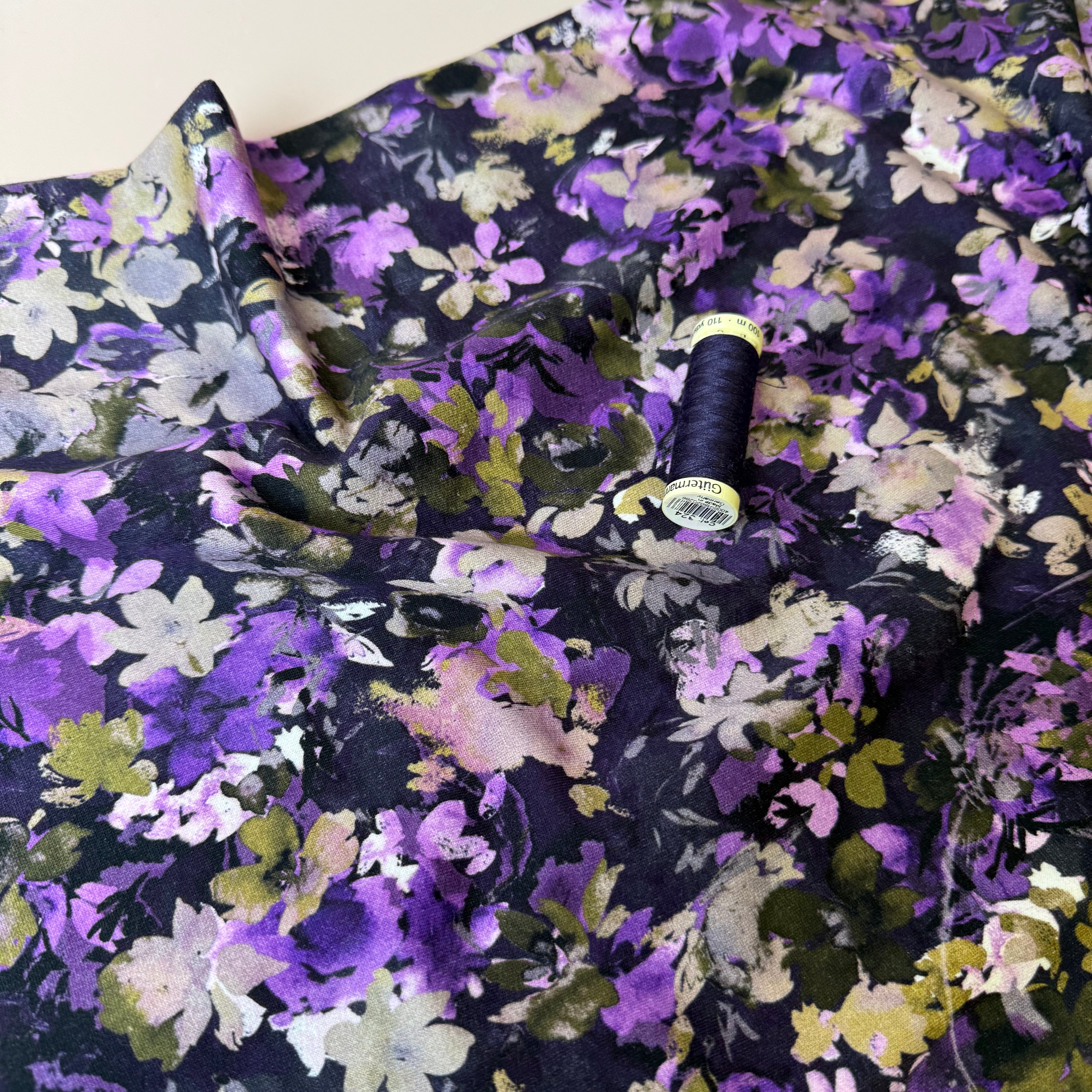 Autumn Flowers Deep Purple Soft Cotton Sweat-shirting Fabric