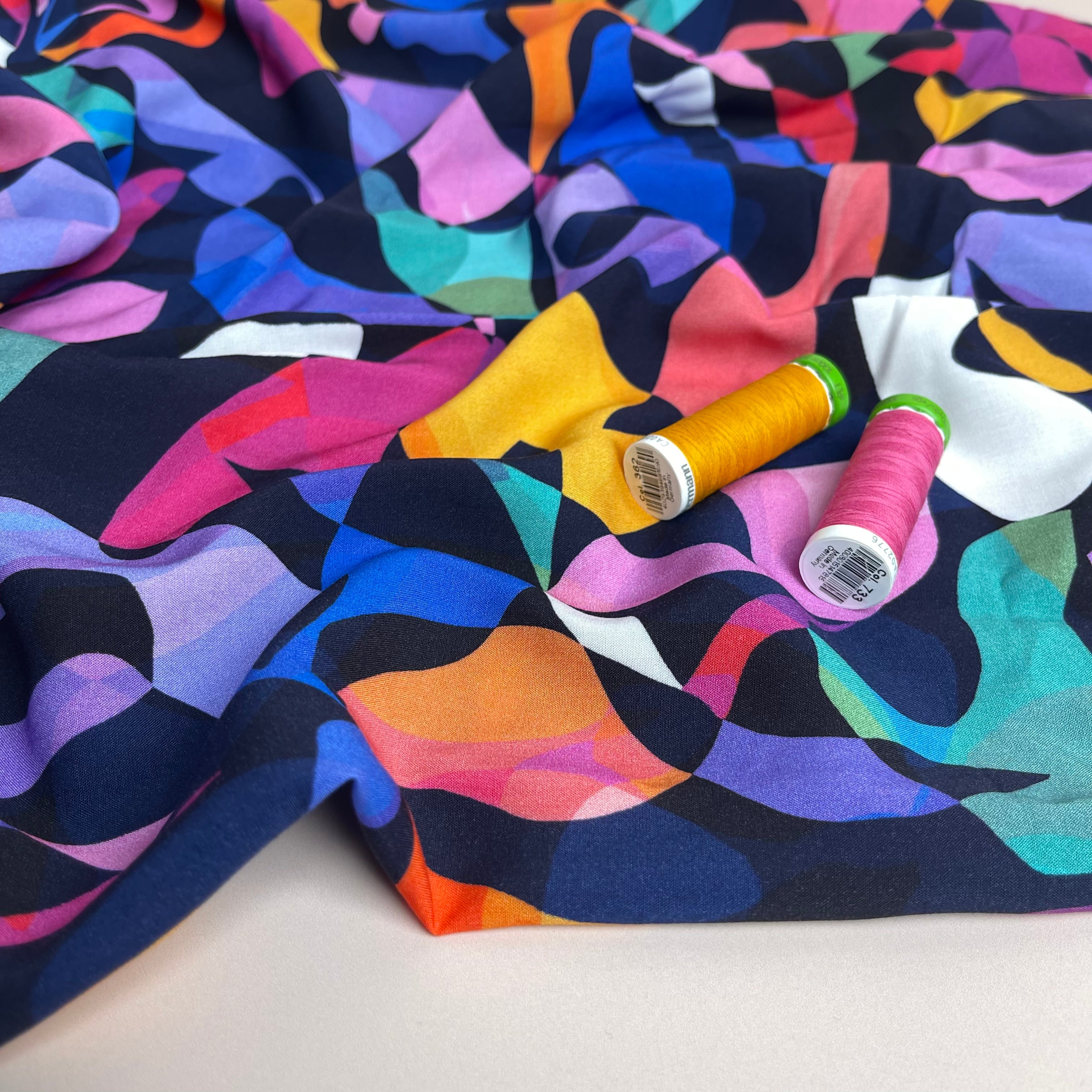 Summer Party - Rainbow Leaves Navy Viscose Fabric