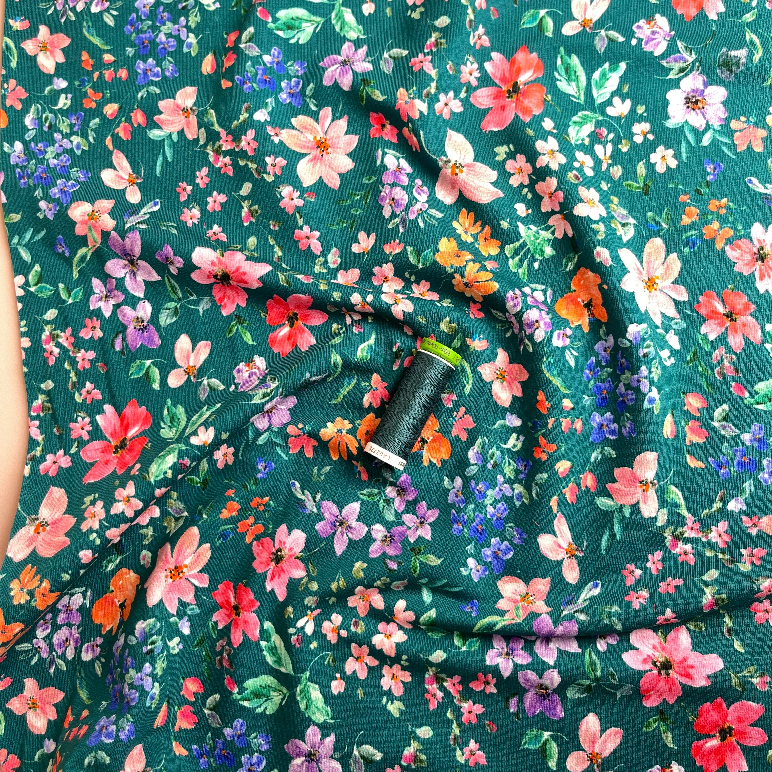 Small Flowers on Teal Cotton French Terry