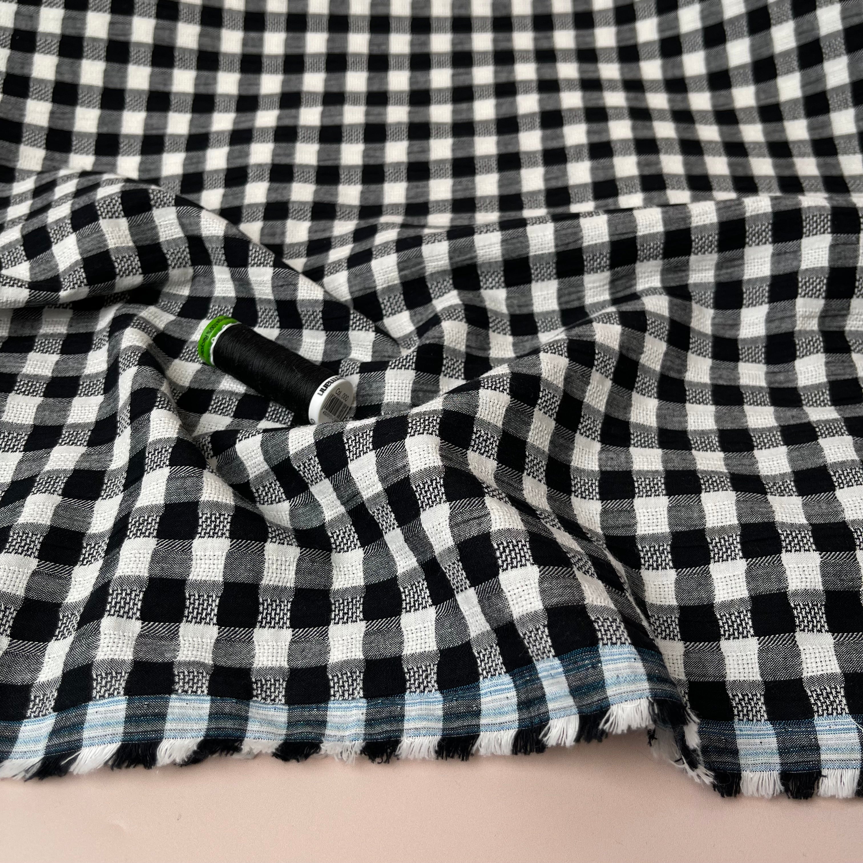 Black Gingham Cotton Seersucker Fabric