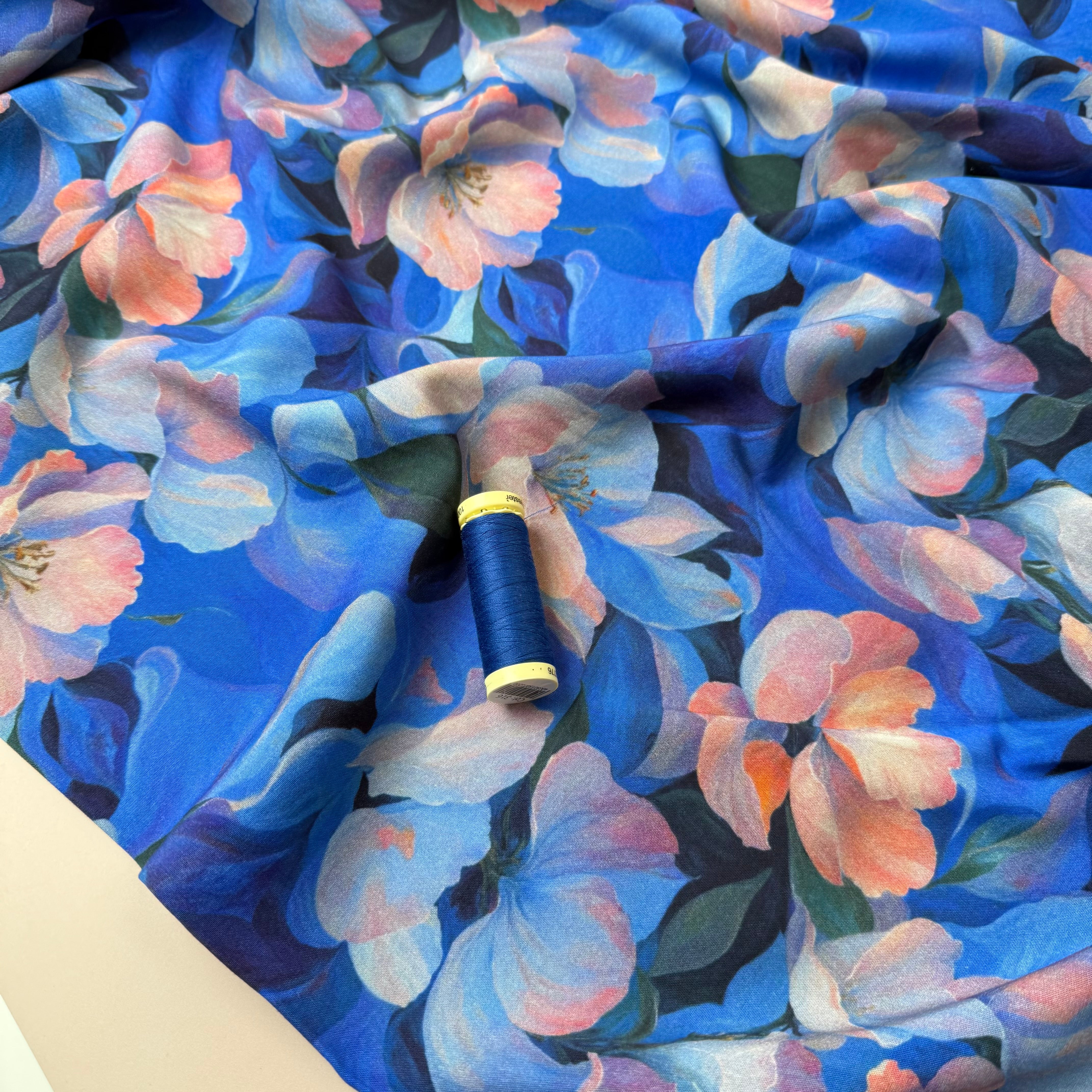Watercolour Blue Flowers Viscose Twill with Stretch