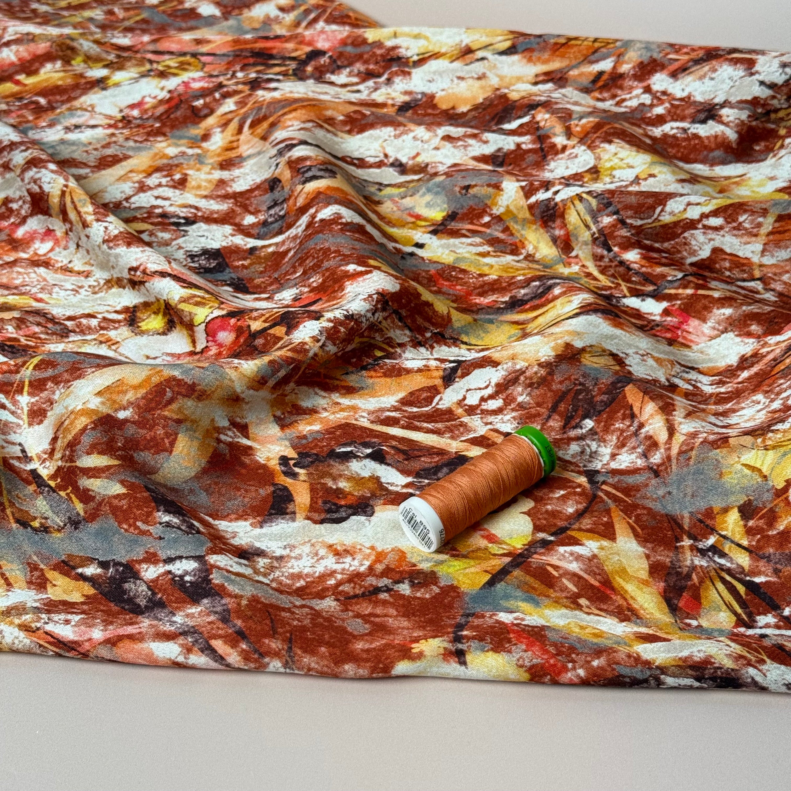 Autumn Foliage Terracotta Viscose Sateen Fabric