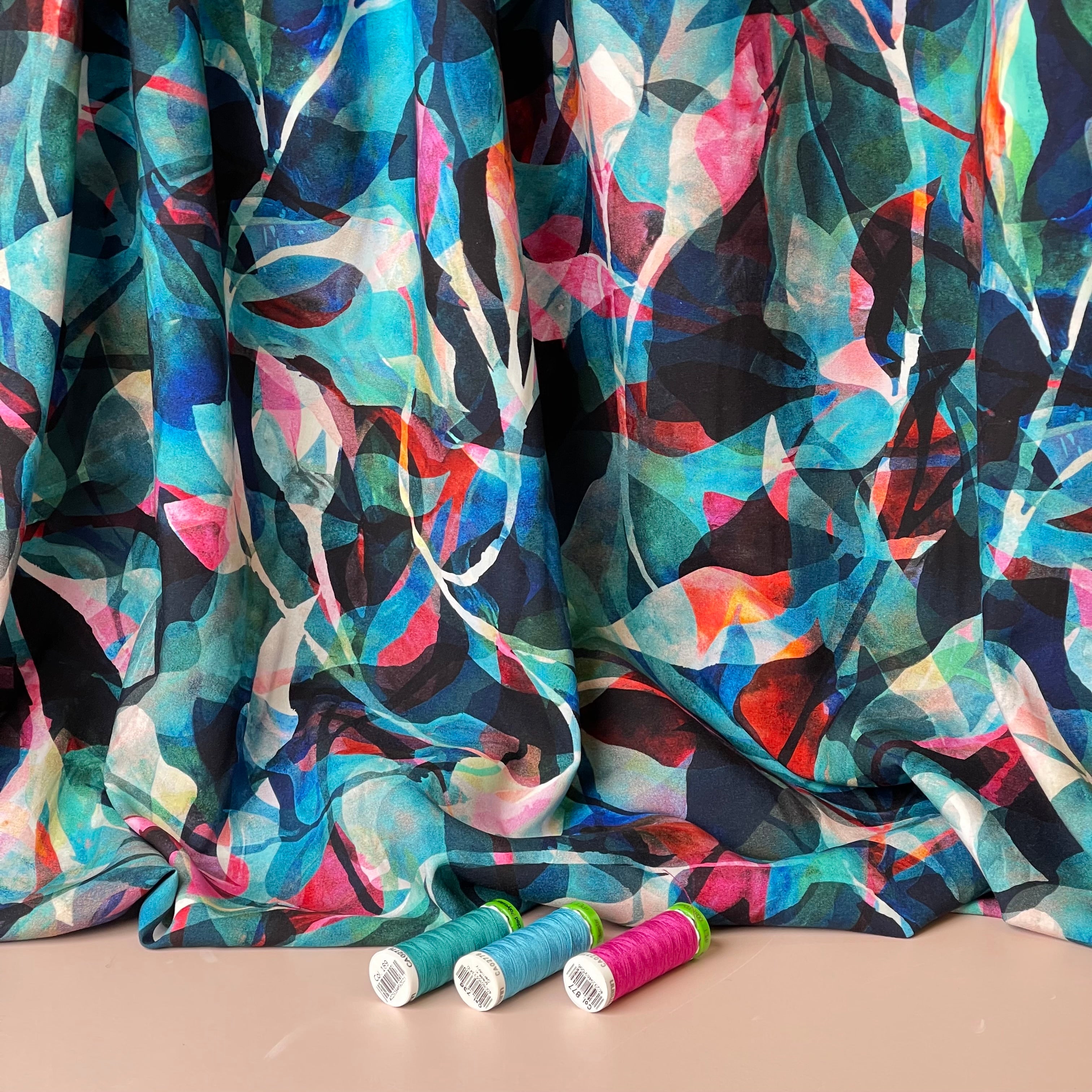 Summer Party - Painted Foliage Teal Viscose Fabric