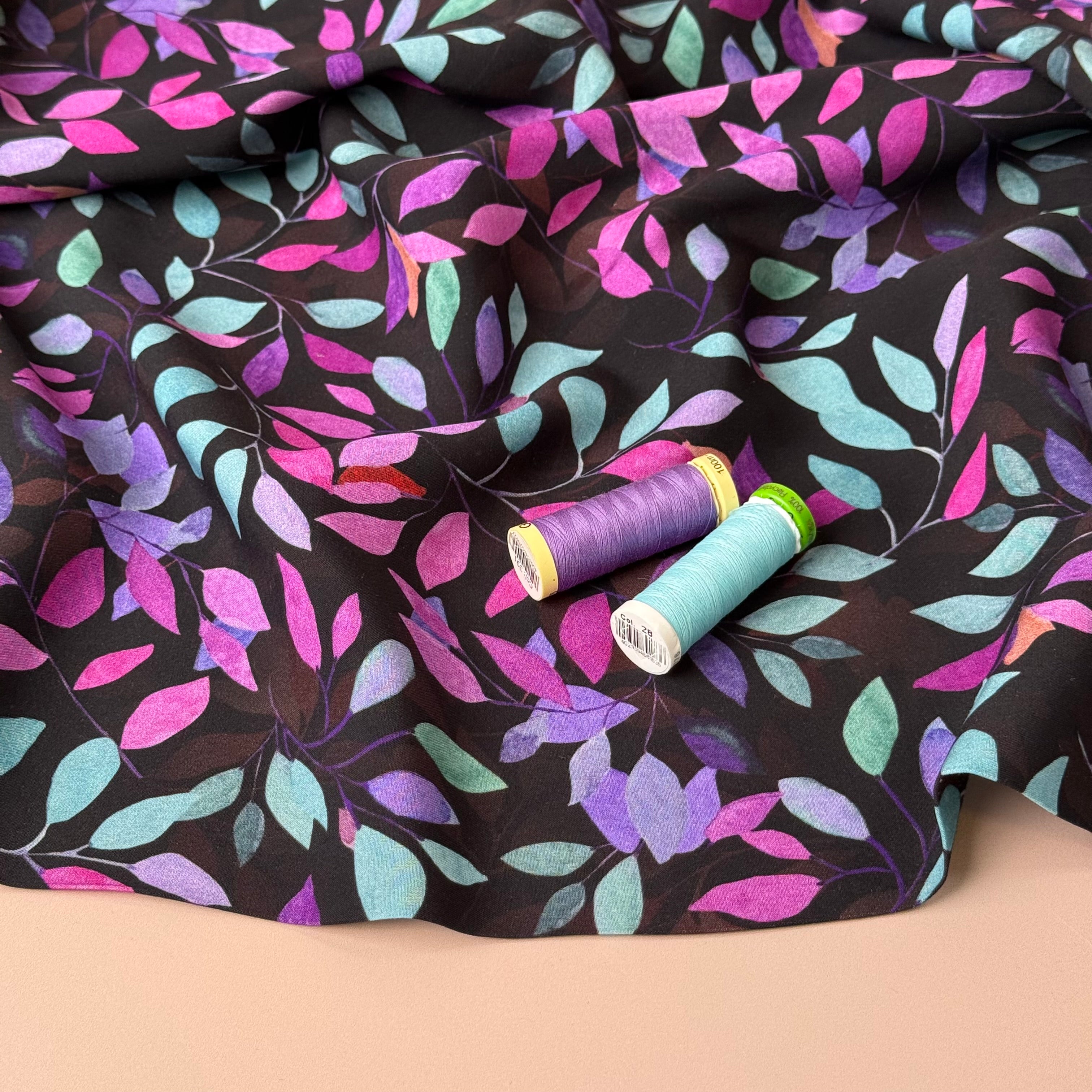 Petals on Black Viscose Fabric