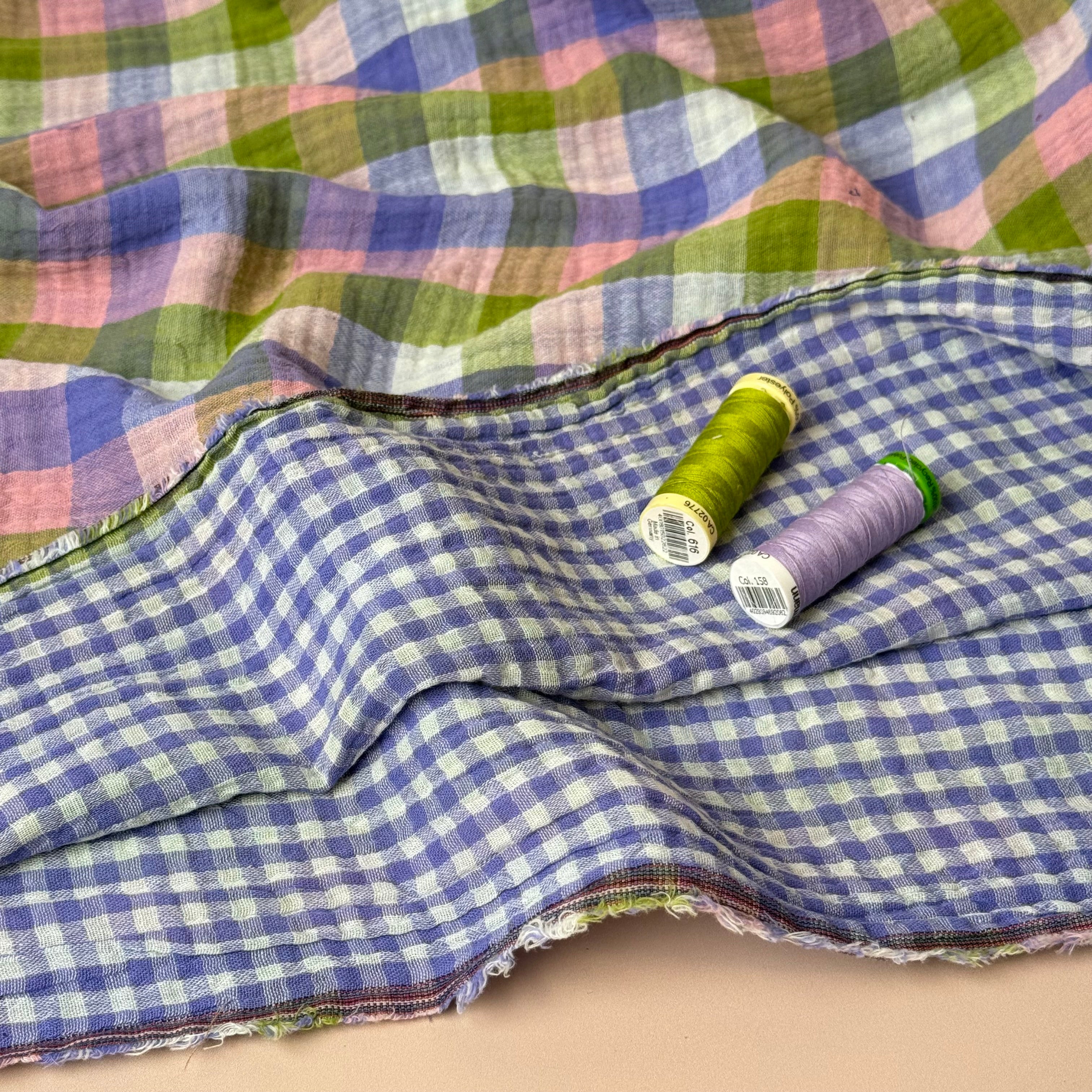 Reversible Lilac & Green Checked Cotton Double Gauze