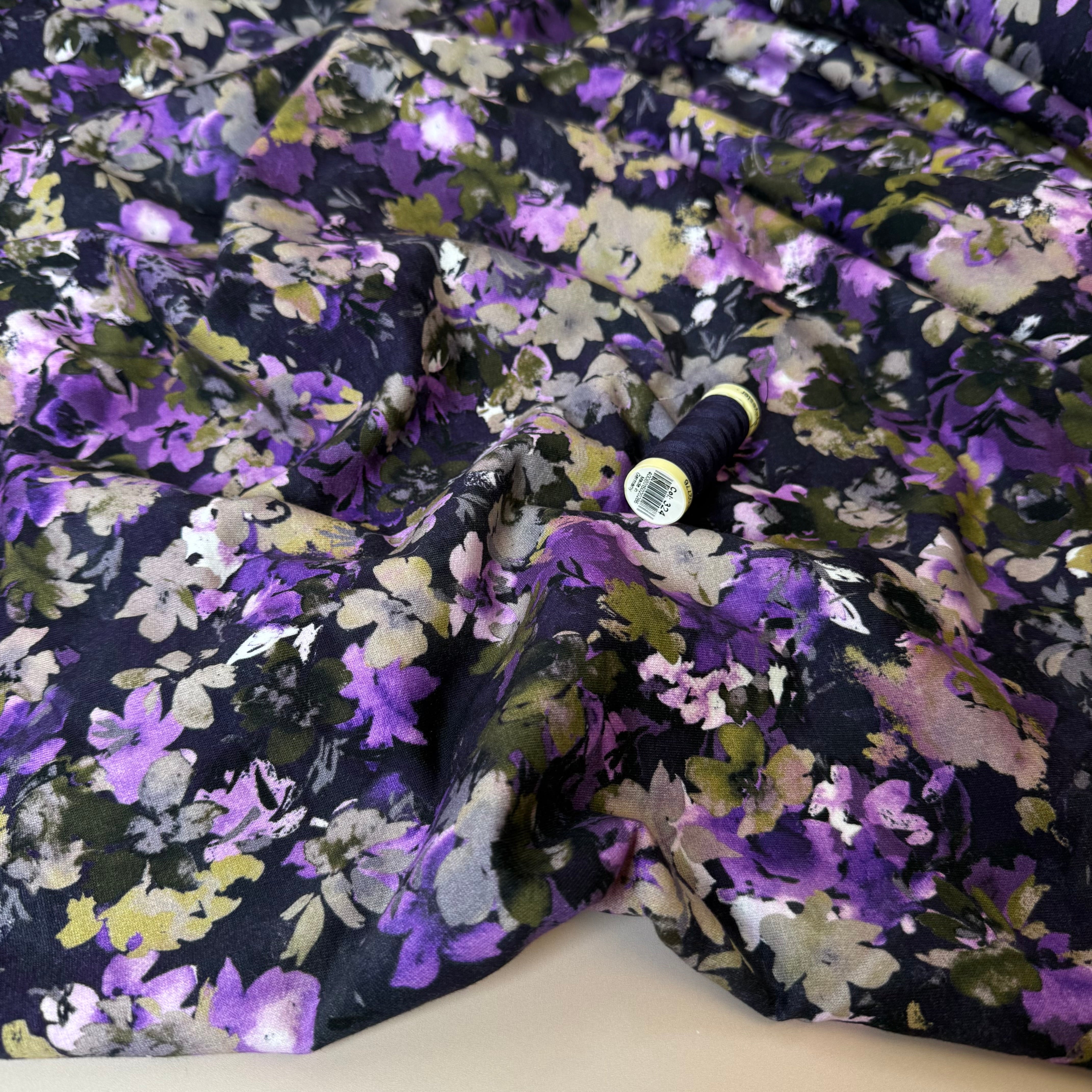 Autumn Flowers Deep Purple Soft Cotton Sweat-shirting Fabric