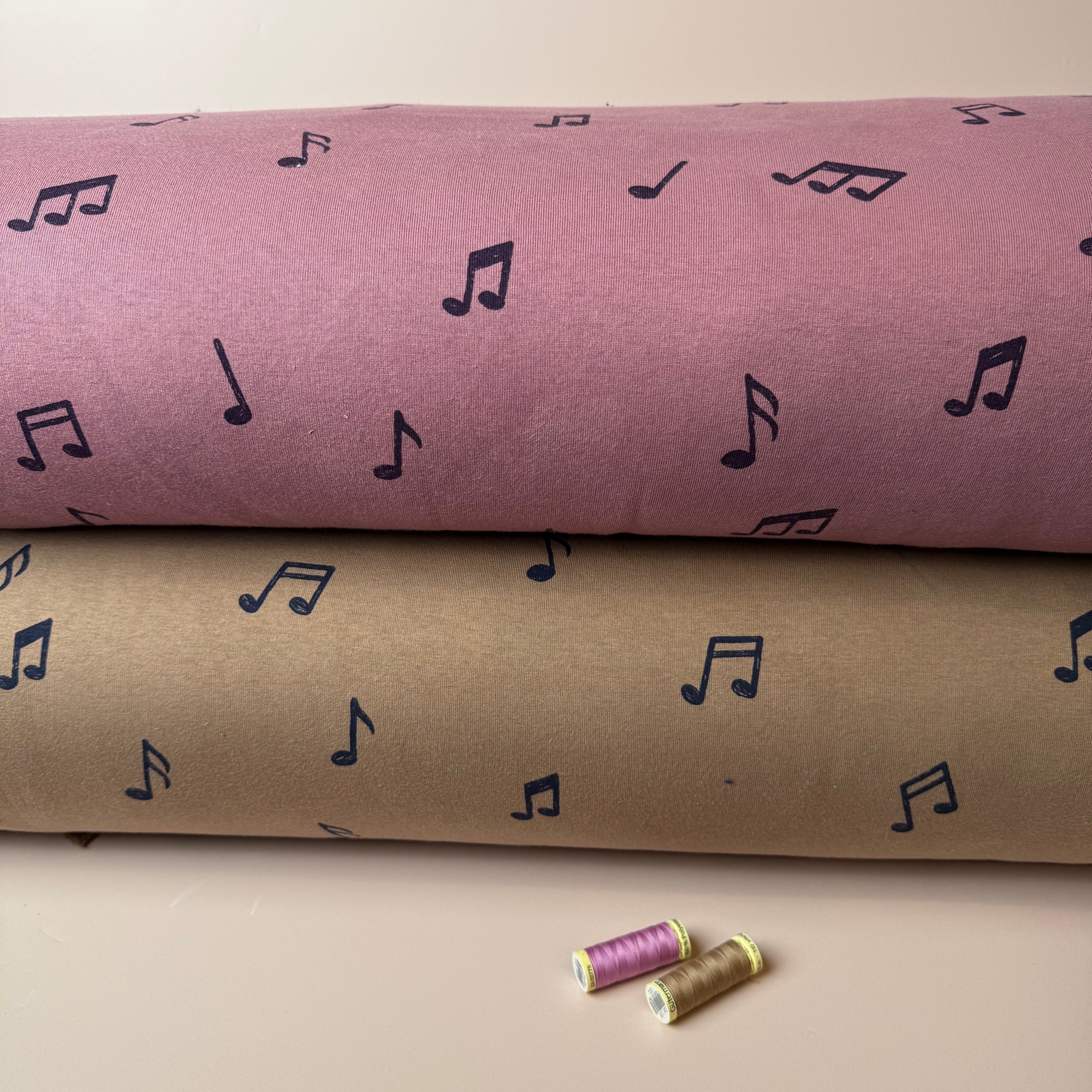 Music Notes in Camel Soft Cotton Jogging Sweat-shirting Fabric