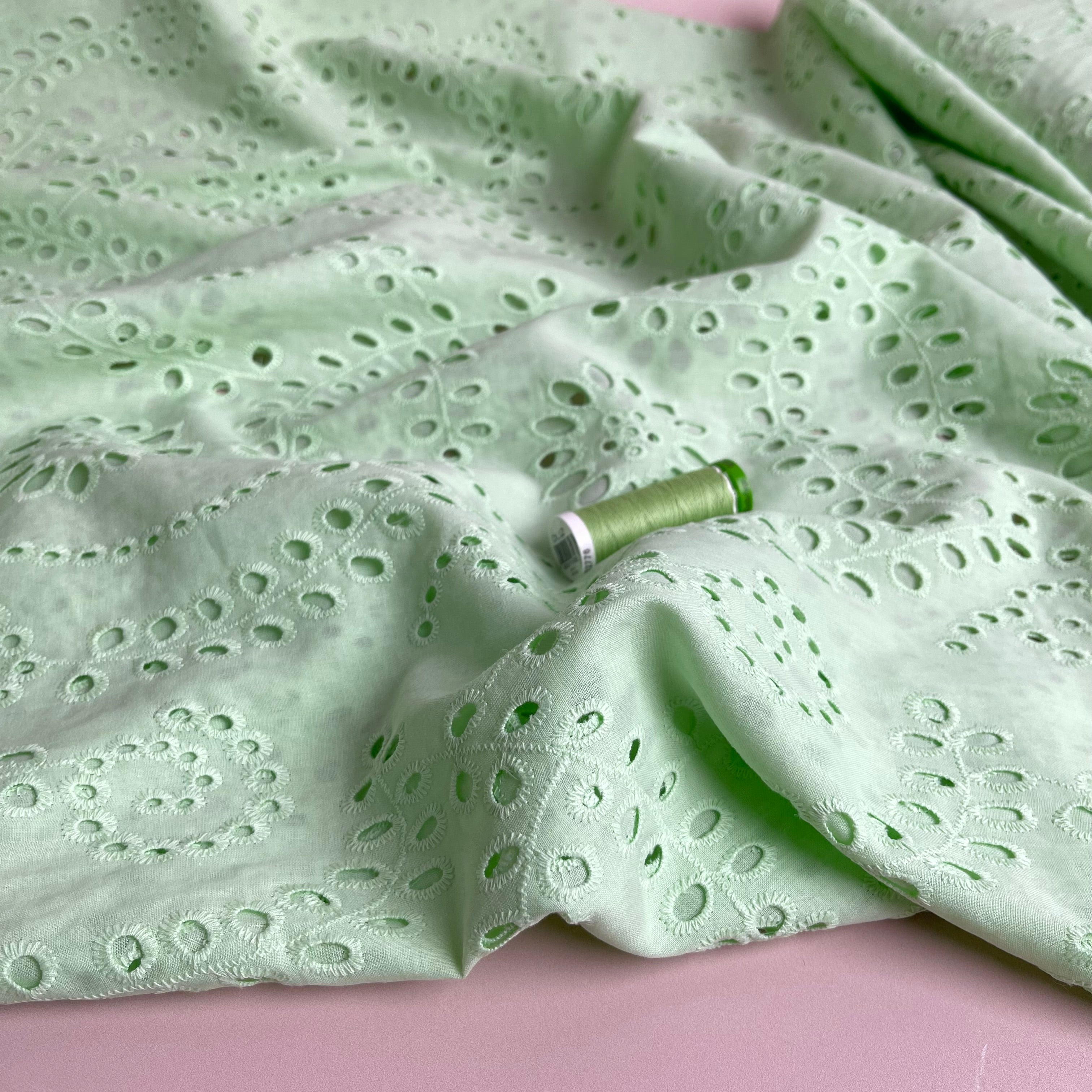 REMNANT 2.55 metres - Sweet Vines Mint Cotton Broderie Anglaise Fabric