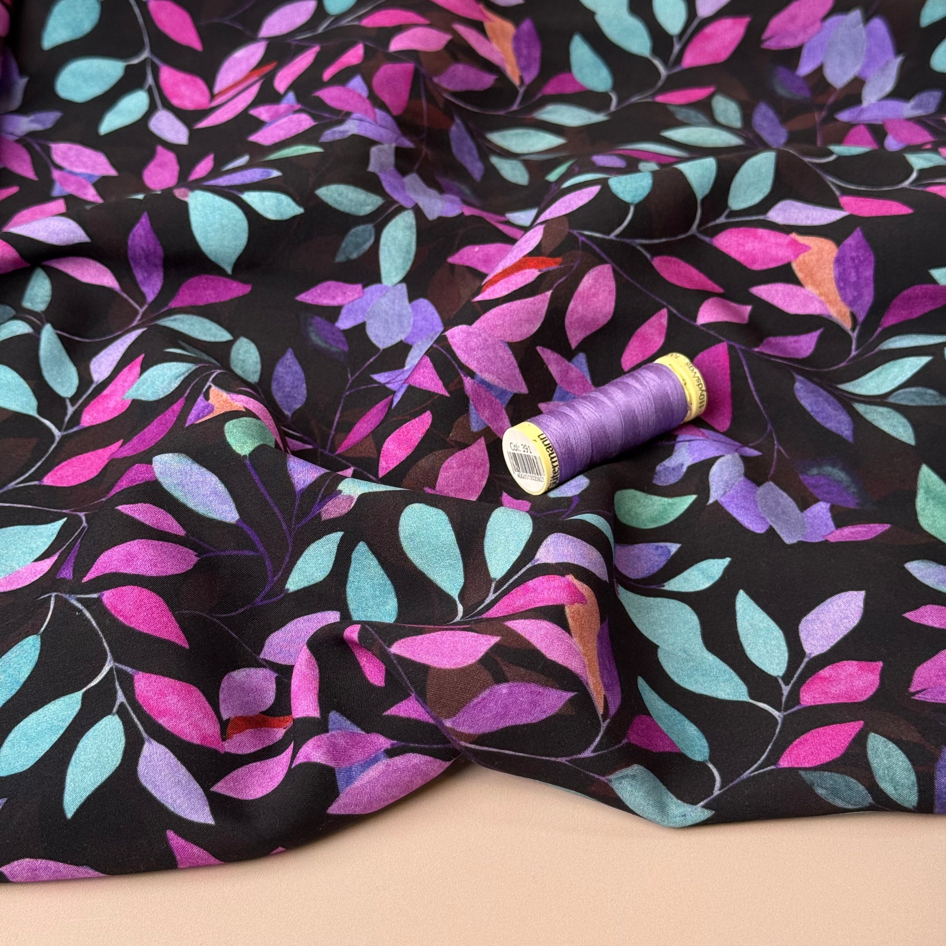 Petals on Black Viscose Fabric