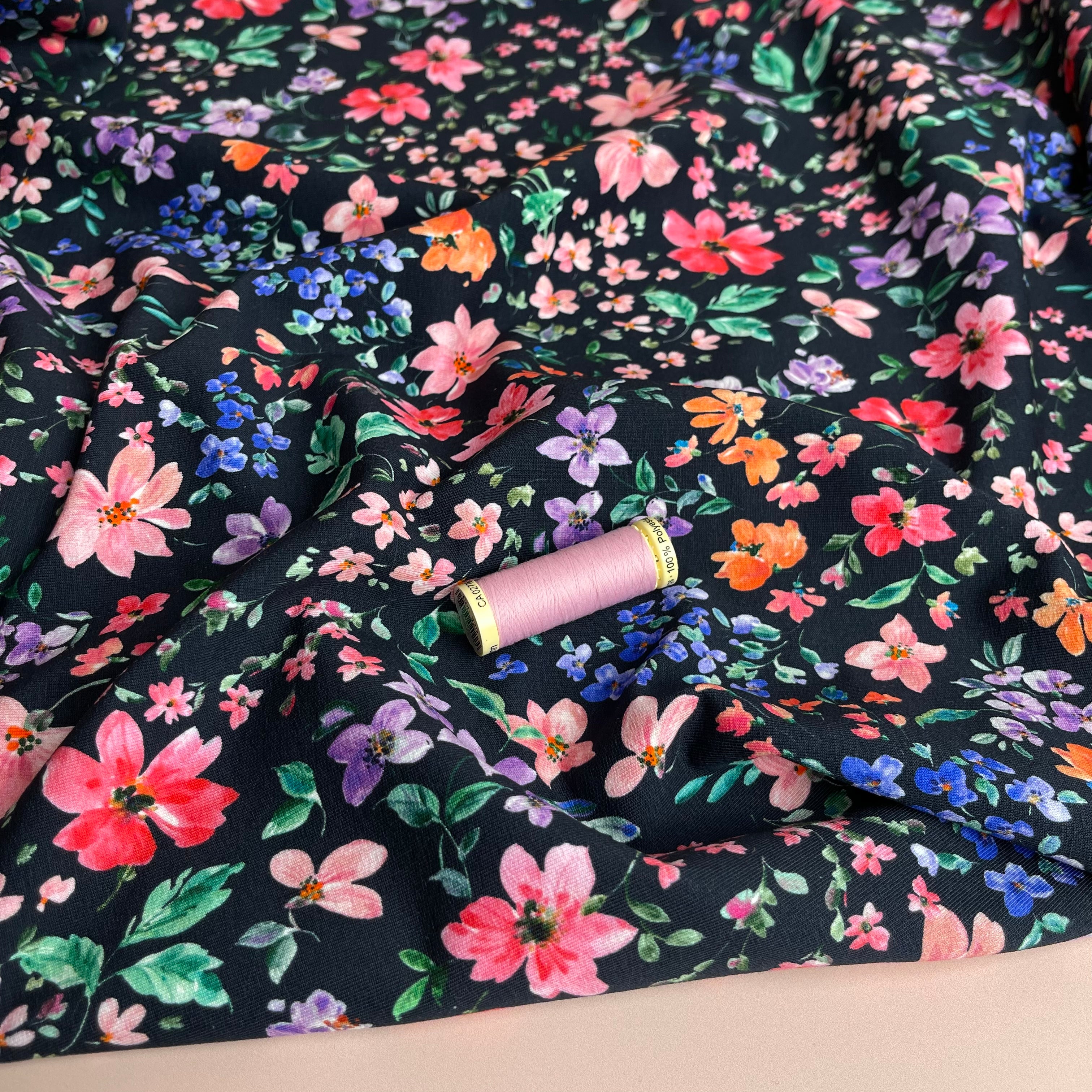 REMNANT 2.65 Metres - Small Flowers on Navy Cotton French Terry
