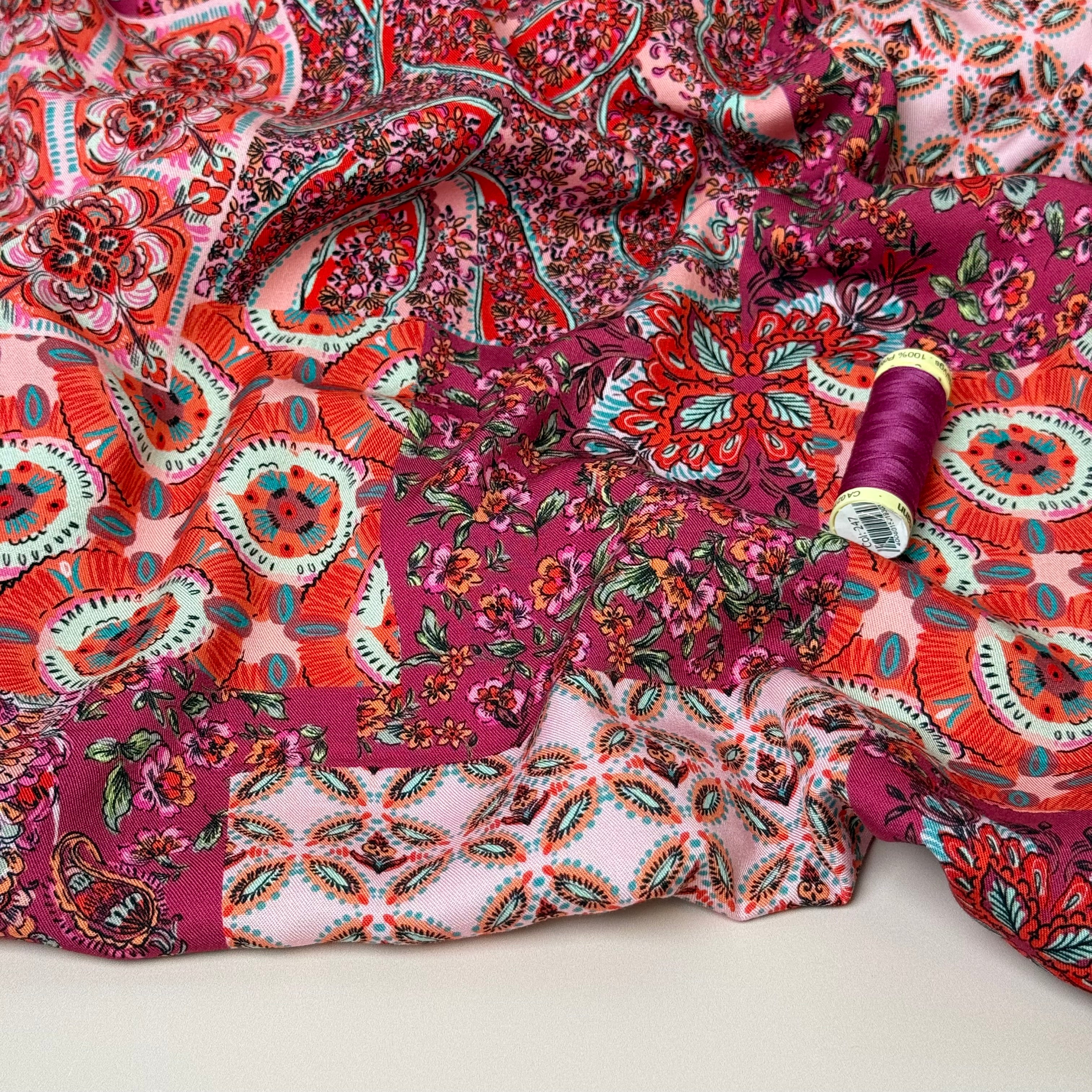 Vintage Patchwork Berry Viscose Twill Fabric