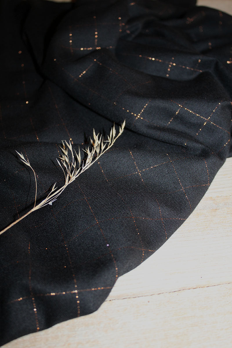 REMNANT 1.62 Metres - Églantine & Zoé - Black With Copper Checked Viscose Twill Fabric