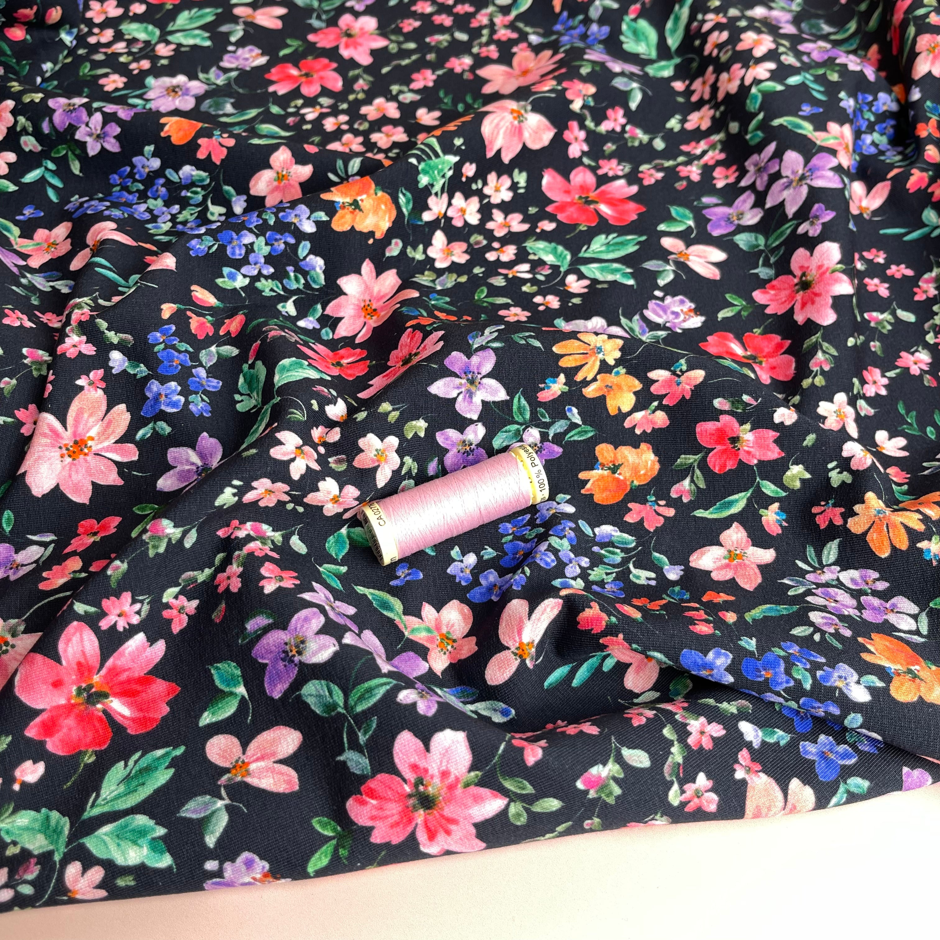 REMNANT 2.65 Metres - Small Flowers on Navy Cotton French Terry