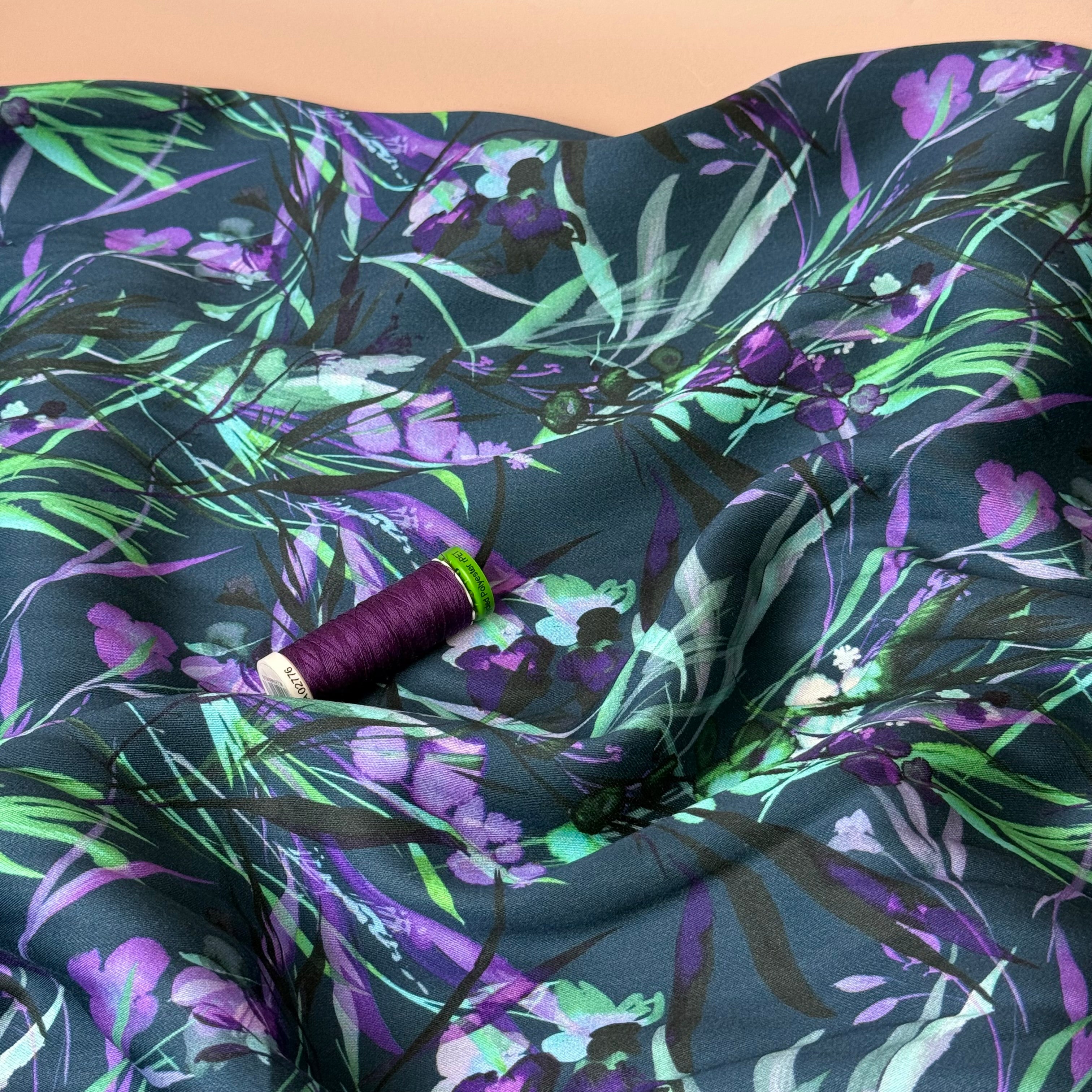 Autumn Foliage Petrol Blue Viscose Sateen Fabric
