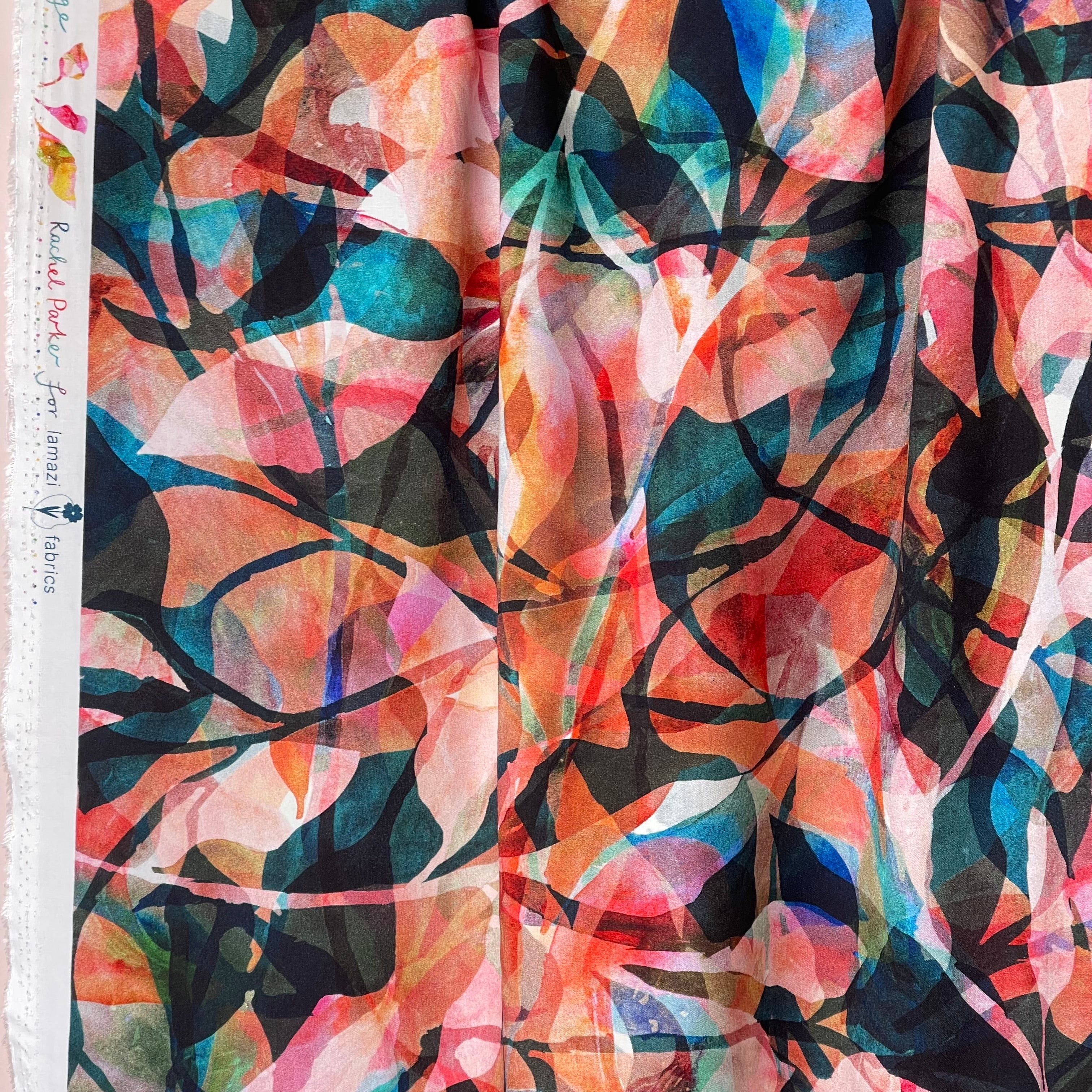 REMNANT 1 Metre - Summer Party - Painted Foliage Sunset Viscose Fabric