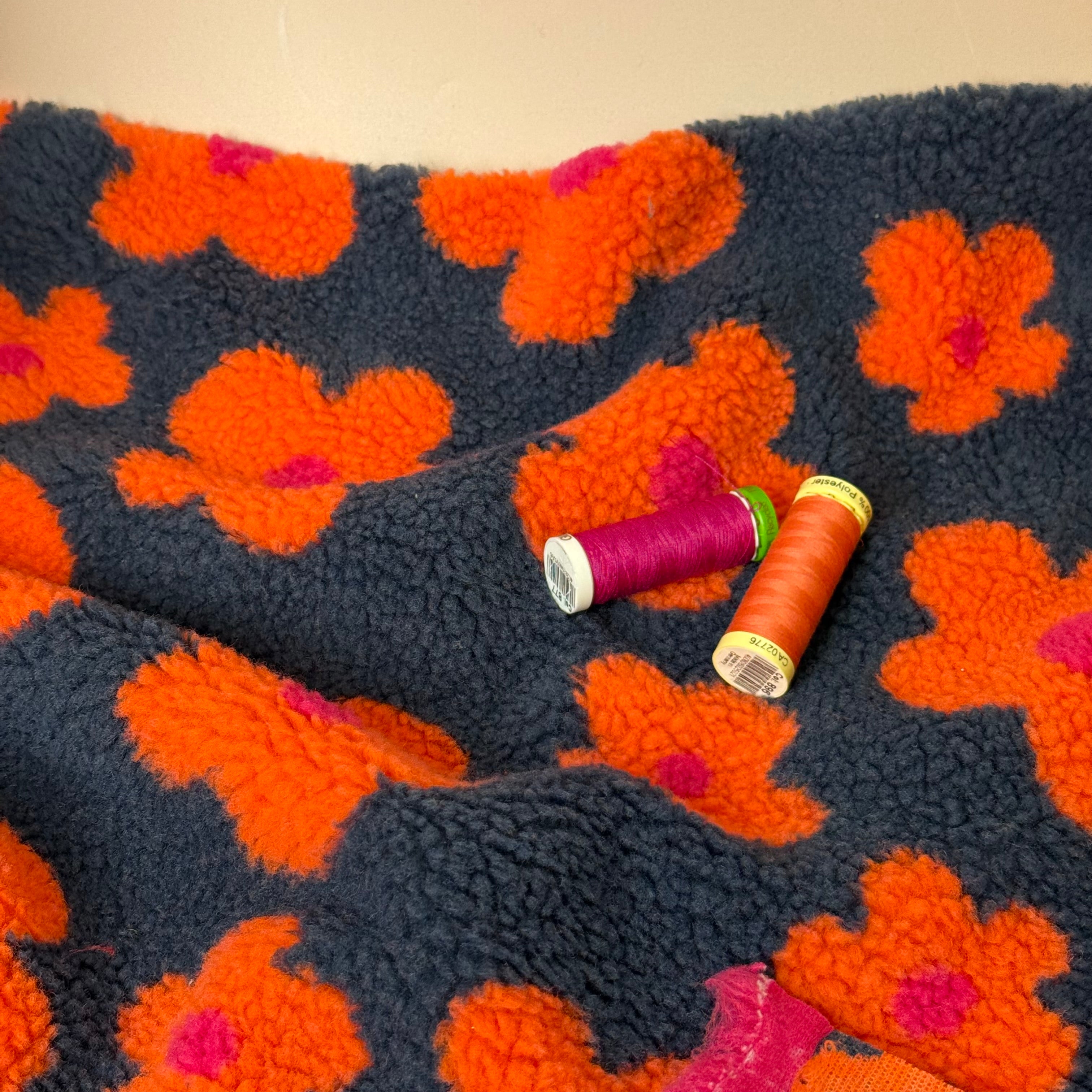 Flowers on Navy Teddy Coating Fabric