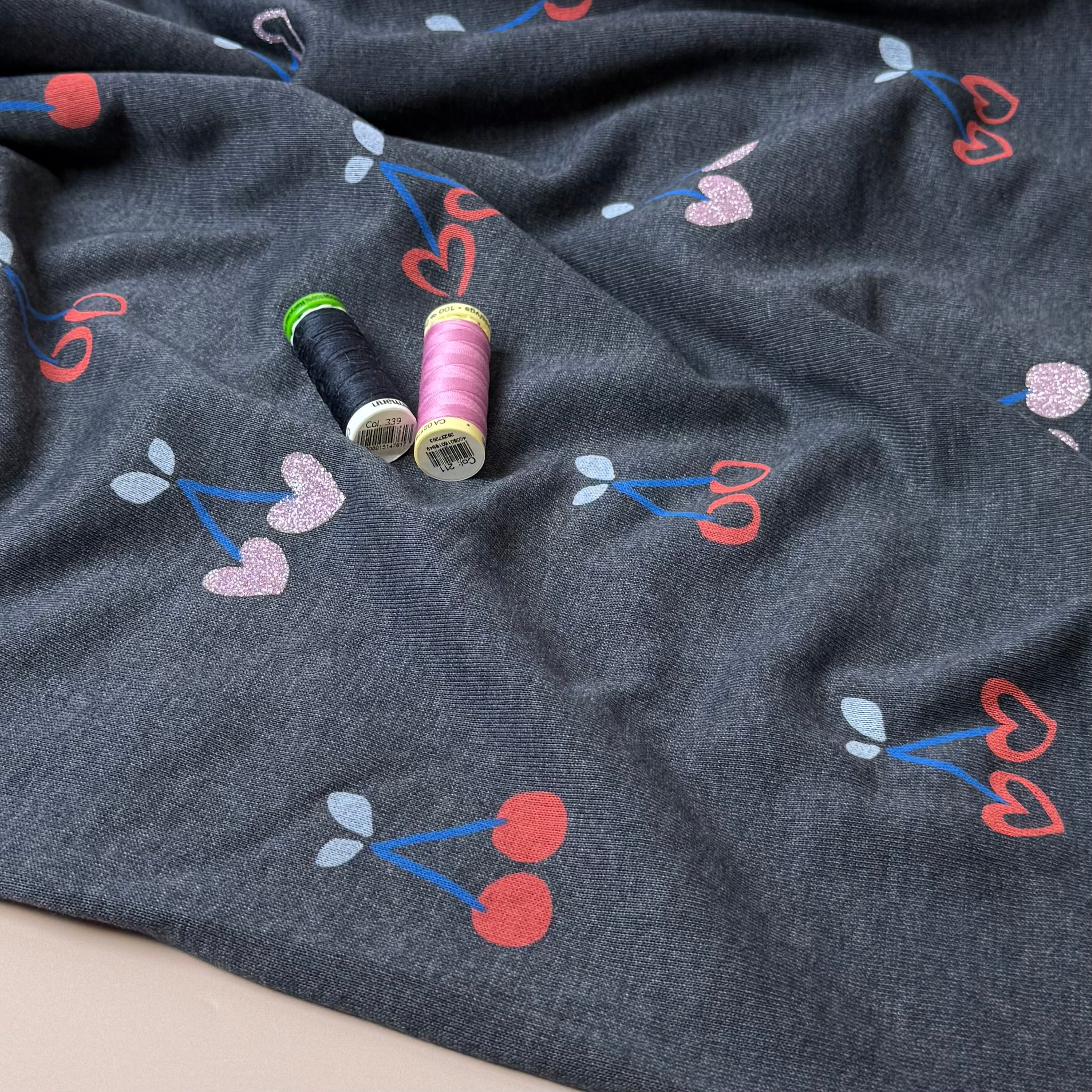 Glitter Cherries on Melange Dark Navy Cotton Sweat-shirting Fabric