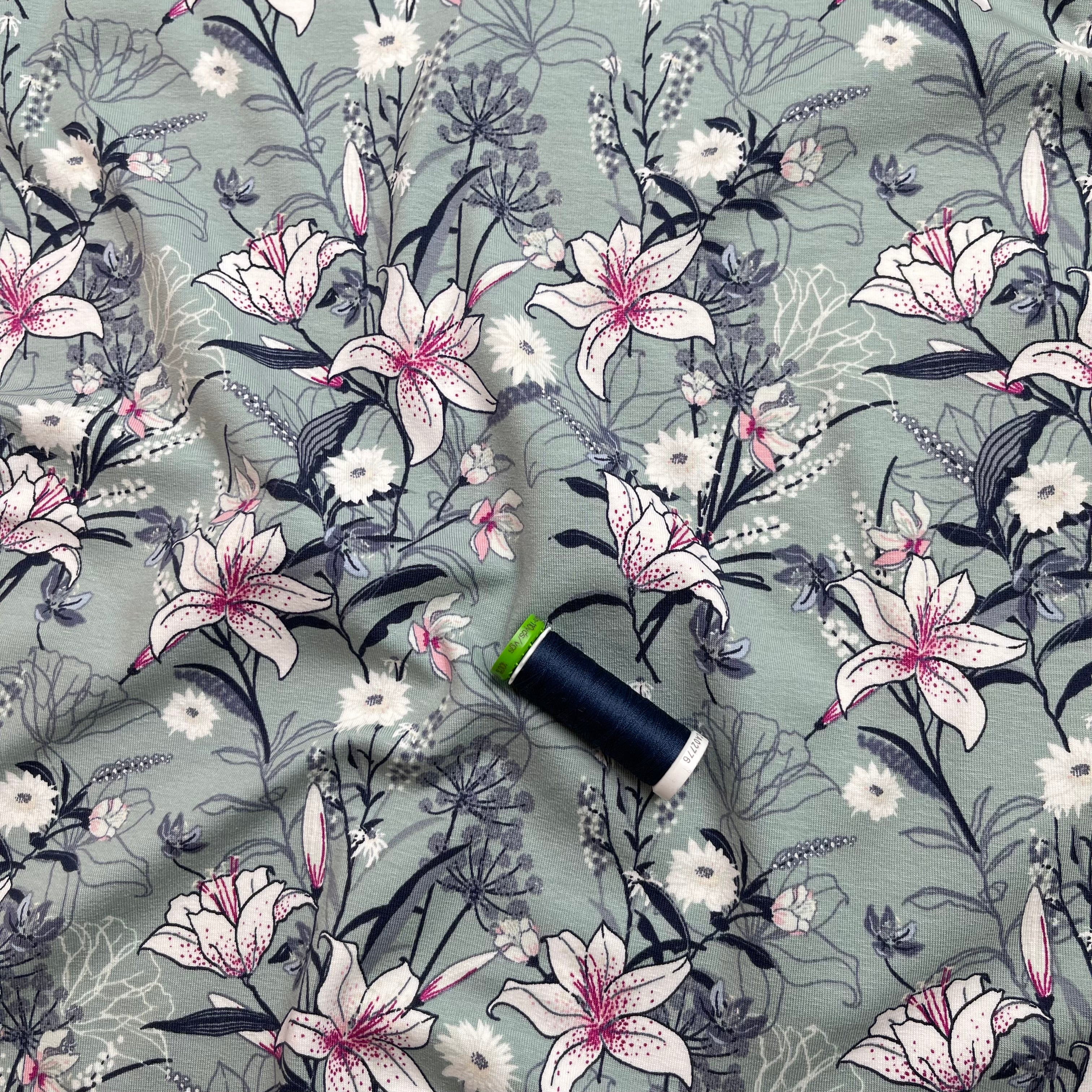 REMNANT 0.24 Metre - Lilies on Sage Green Cotton Jersey Fabric