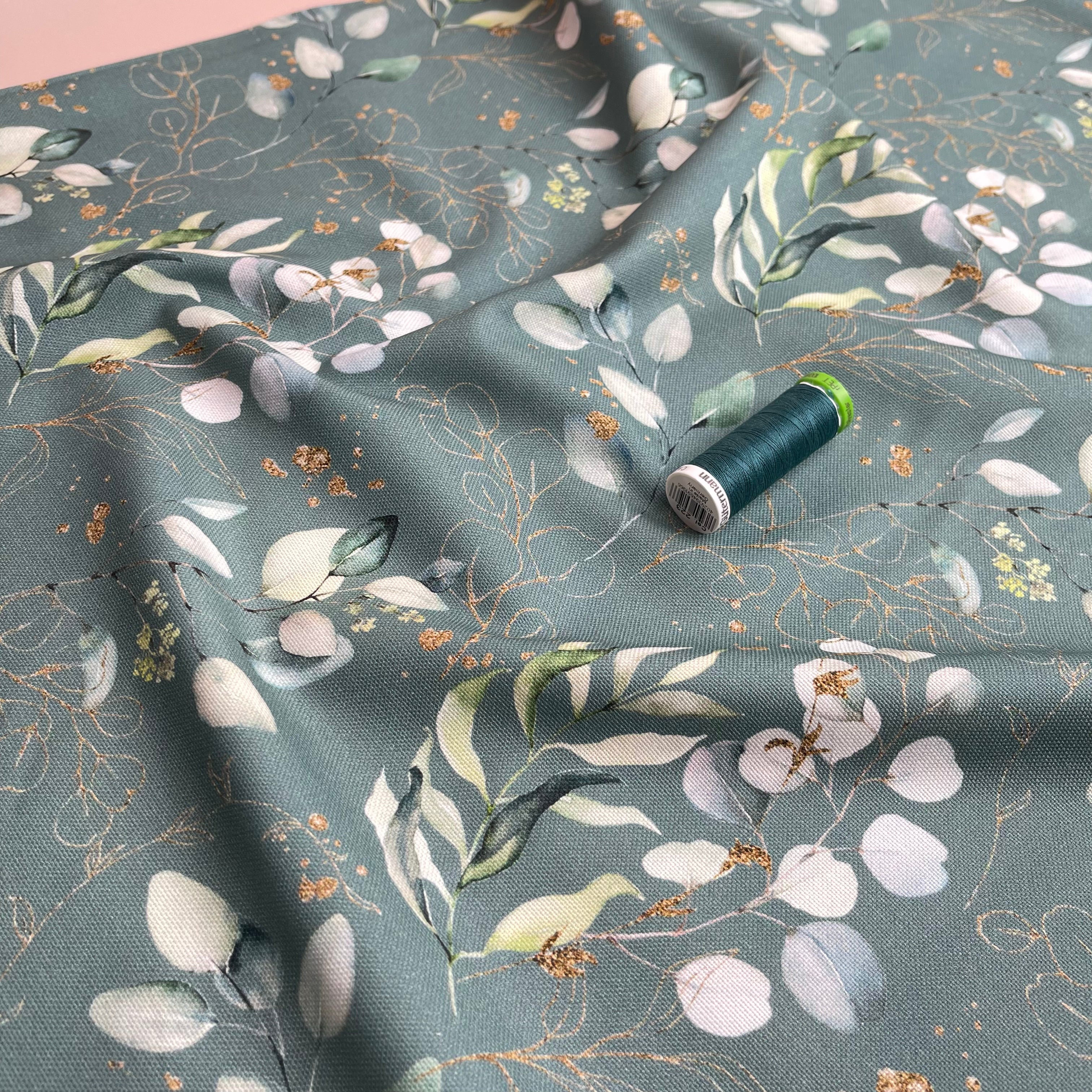 Eucalyptus Leaves on Sage Green Cotton Canvas