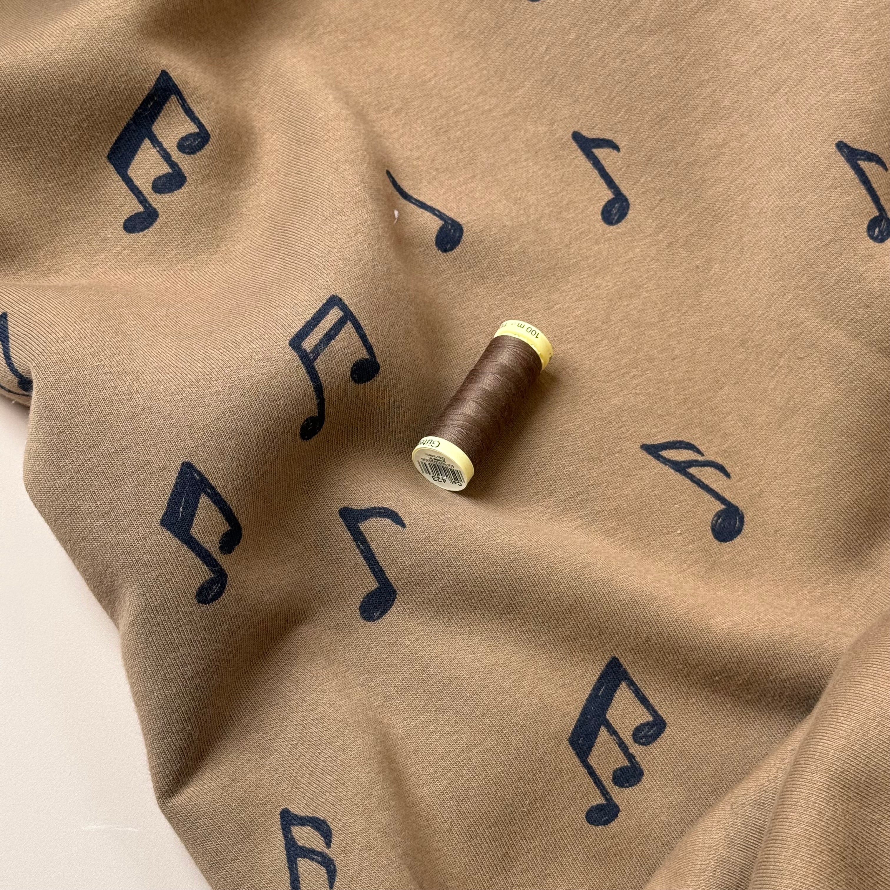 Music Notes in Camel Soft Cotton Jogging Sweat-shirting Fabric