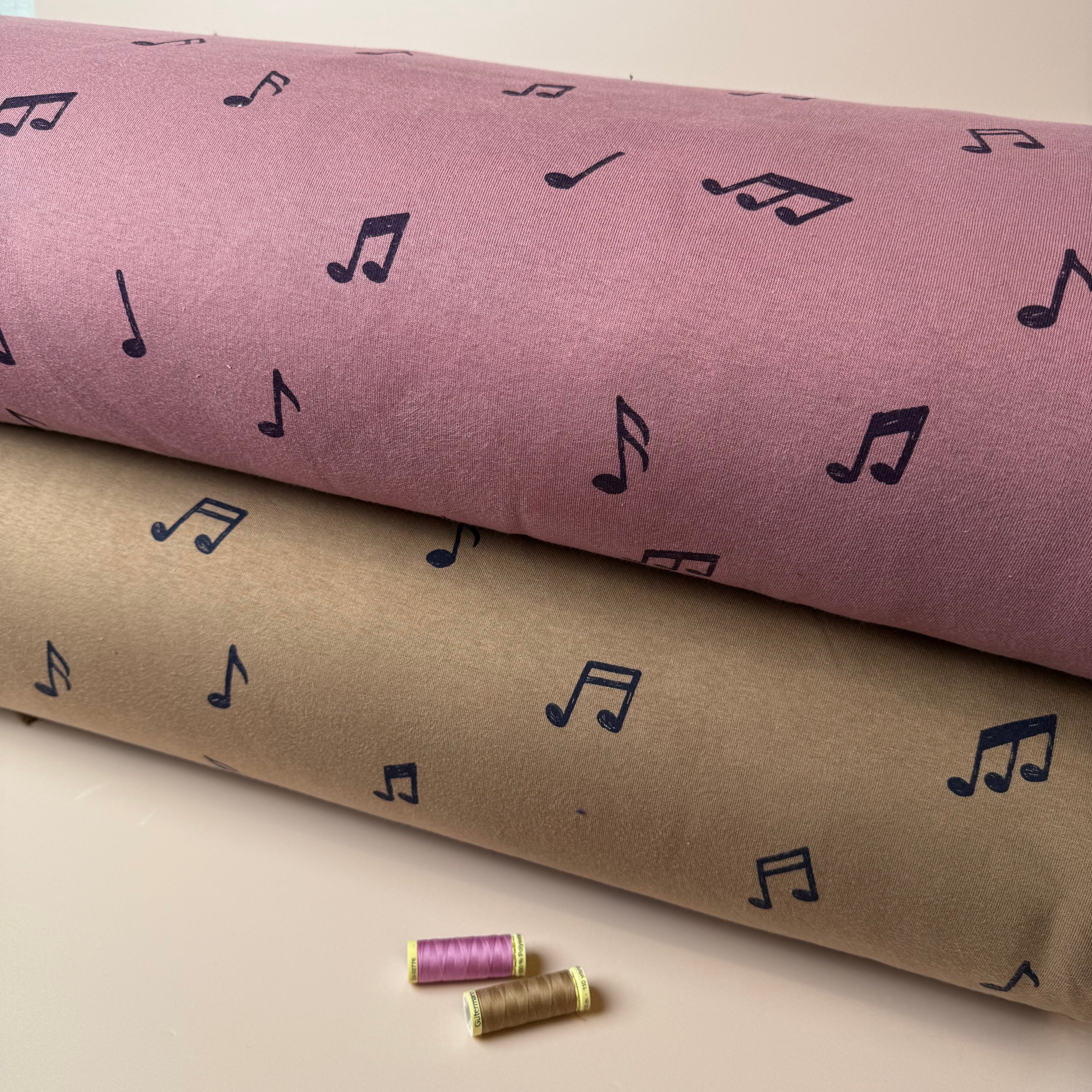 Music Notes in Camel Soft Cotton Jogging Sweat-shirting Fabric