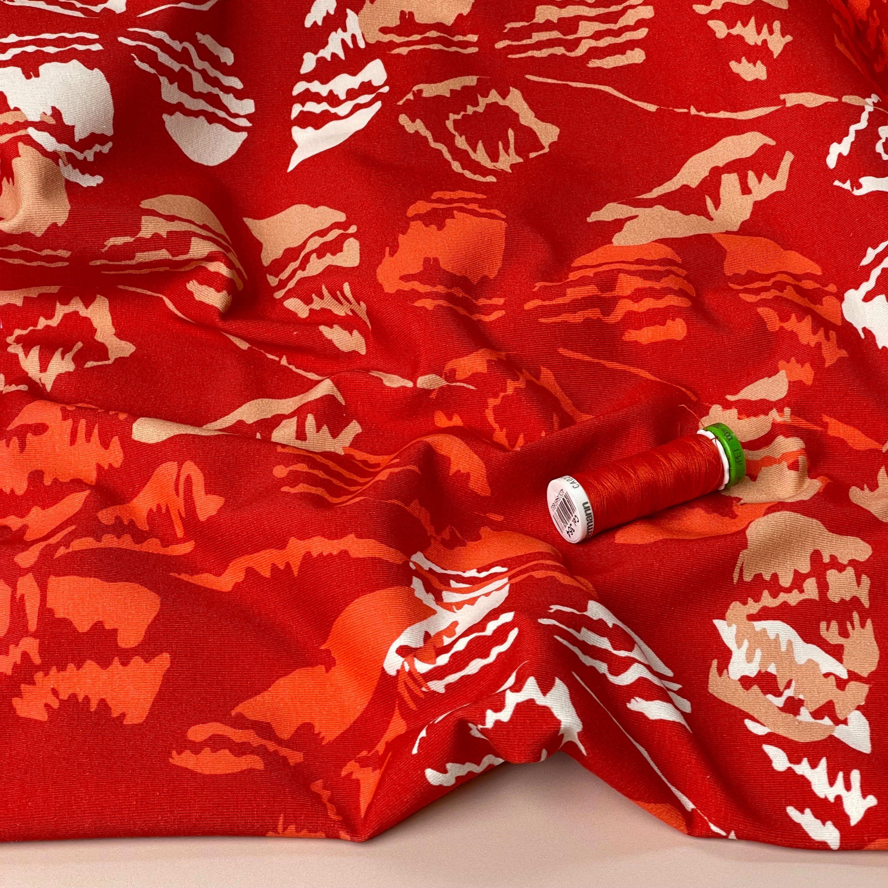 Danish Design - Flower Stamps on Red Cotton Jersey Fabric