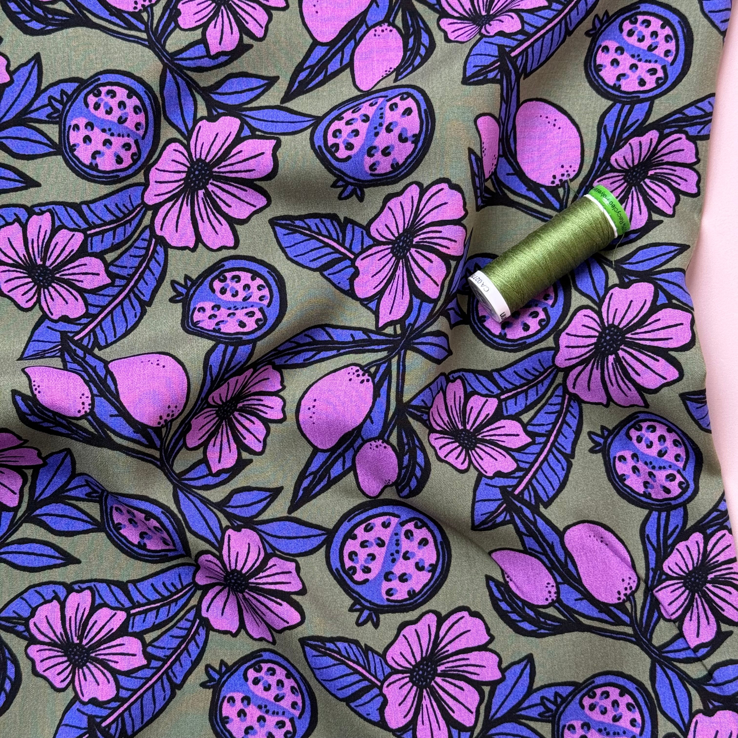 Pomegranates on Olive Green Viscose Fabric