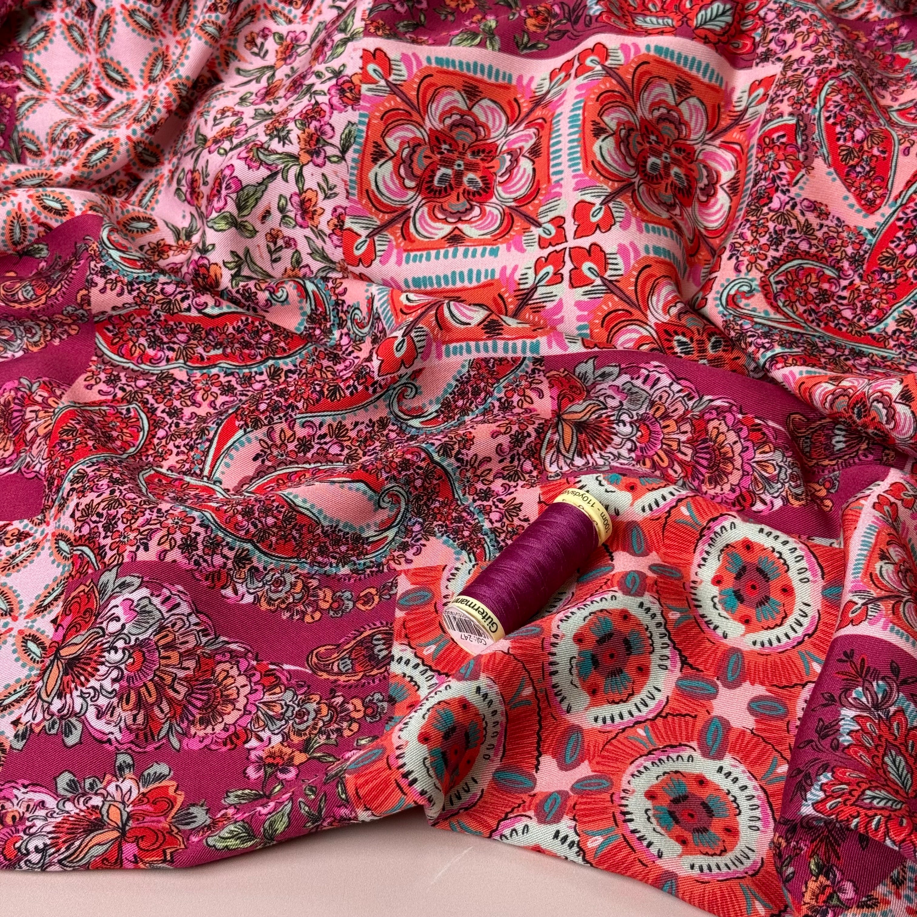 Vintage Patchwork Berry Viscose Twill Fabric